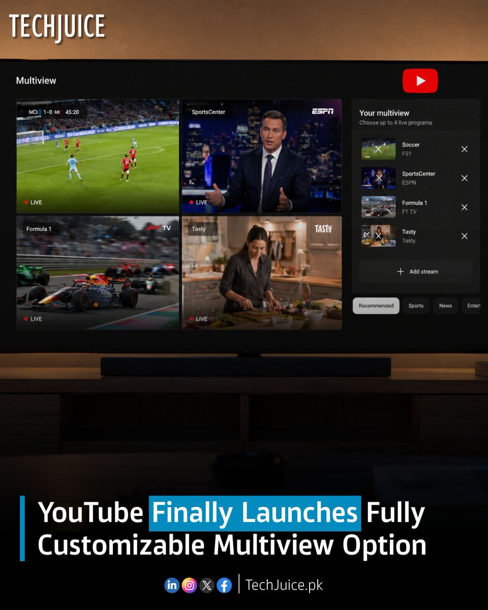 TechJuicePk's tweet image. YouTube upgrades how you watch.
YouTube has officially rolled out fully customizable multiview, letting subscribers pick and arrange up to four live channels at once from its entire lineup, including premium add-ons. 

#techjuice #youtube #streaming #technology #technews