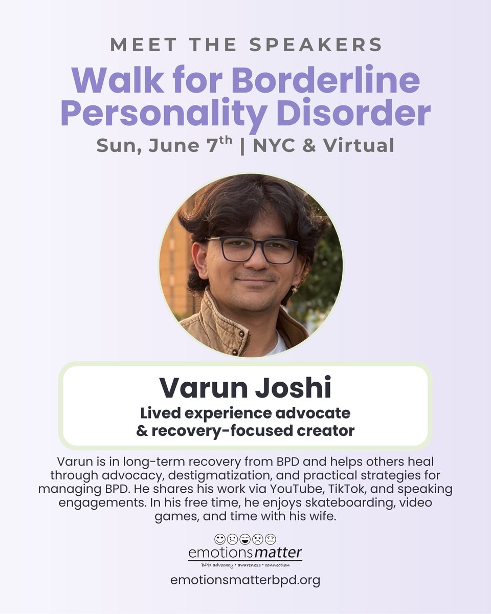 embpd's tweet photo. Meet Varun Joshi, one of our Walk for BPD speakers and someone who knows firsthand that recovery is possible.

Join us June 7th in NYC or virtually from anywhere in the world. https://t.co/gWZWZ2hwqo