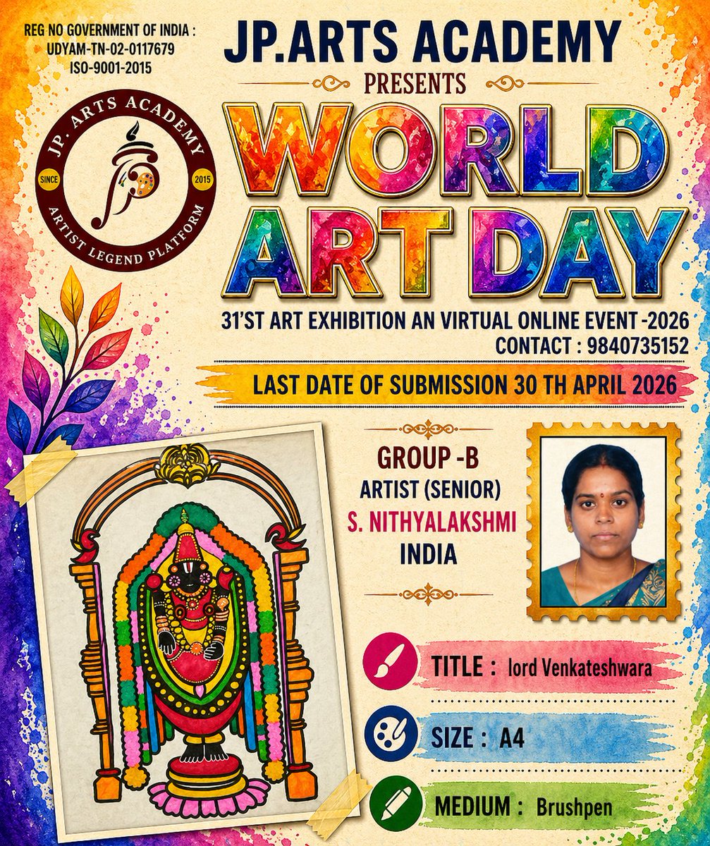 ArtistJayapriya's tweet photo. OUR ACADEMY ACKNOWLEDGE YOUR PARTICIPATE ✅
🎨 World Art Day 2026 👩🎨
Theme Free (As you Like)
All Participants will get
Surprised Prizes 🎁🎨🖌️
LAST DATE APRIL 30 TH 2026
#art
#artwork
#artist
#drawing
#painting
#artexhibition
#onlineartexhibition
#WorldArtDay https://t.co/j6pr6cOOIt