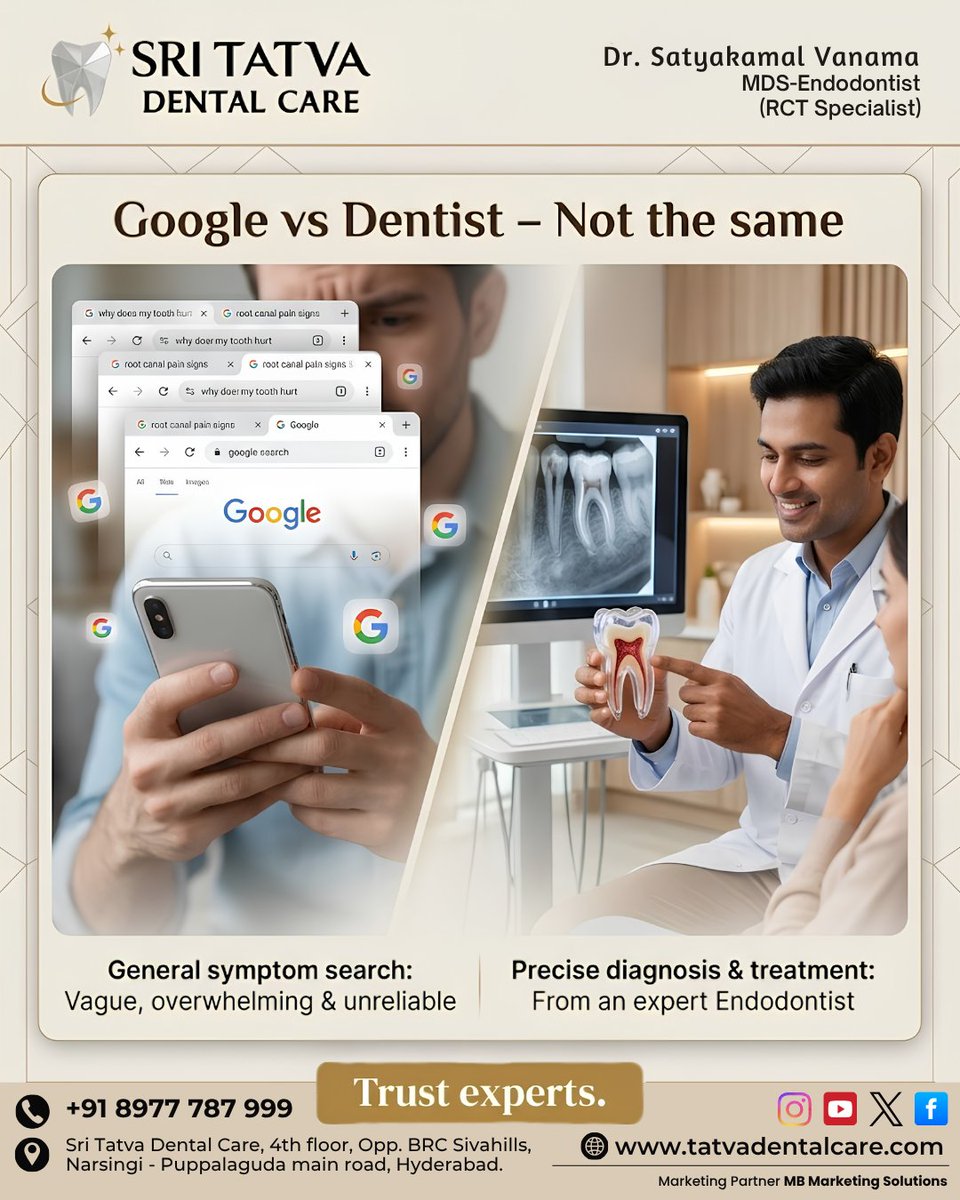 tatvedentalcare's tweet image. Google gives guesses.
Dentists give solutions. 🦷
Stop self-diagnosing. Get expert care today.

📞 8977787999
🌐 tatvadentalcare.com
📍 Hyderabad

#DentalCare #ToothPain #Hyderabad