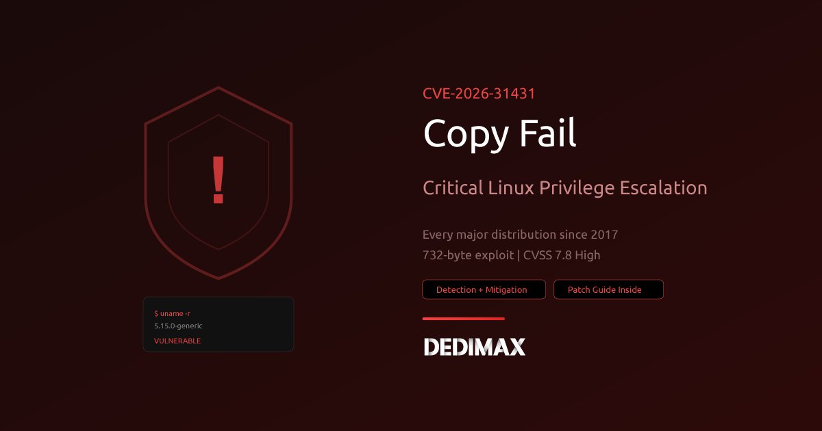 DedimaxCom's tweet photo. CVE-2026-31431 "Copy Fail" — De quoi s'agit-il ?
Suis-je concerné ? Comment fixer ?
https://t.co/S5ErZTf2oO https://t.co/VYwaUk5CgX