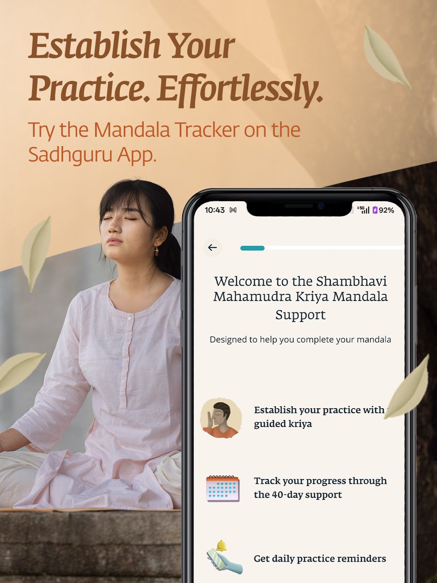 ishafoundation's tweet image. The Ultimate Companion for Your 40-day Journey

A mandala is a 40-48 day cycle that matches the natural physiological cycle of the human body. Doing a new practice for a full mandala is a powerful way to establish it in your system.

The Mandala Tracker on the Sadhguru App helps