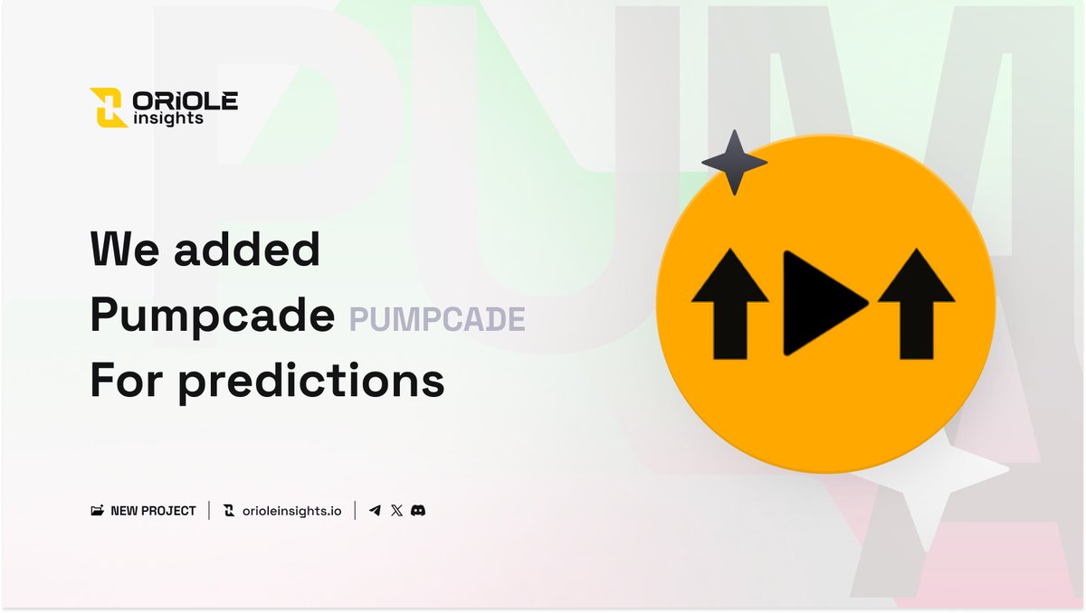 OrioleInsights's tweet photo. 🟡 @pumpcade $PUMPCADE has been listed on @OrioleInsights for price movement predictions!
📚 About #PUMPCADE
Pumpcade is a Solana-based prediction markets protocol embedded into livestreaming platforms. Predefined markets resolve automatically and let viewers trade real-time outcomes through chat overlays or browser extensions.
📊 #PUMPCADE Token Highlights
Price: 1 PUMPCADE = $0.0302
Market Cap: $30.2M
FDV: $30.2M
24h Trading Volume: $1.2M
Share your insights on the #PUMPCADE price movement. Will the price go up or down?
👉 https://t.co/JX0ZsgWsrV
