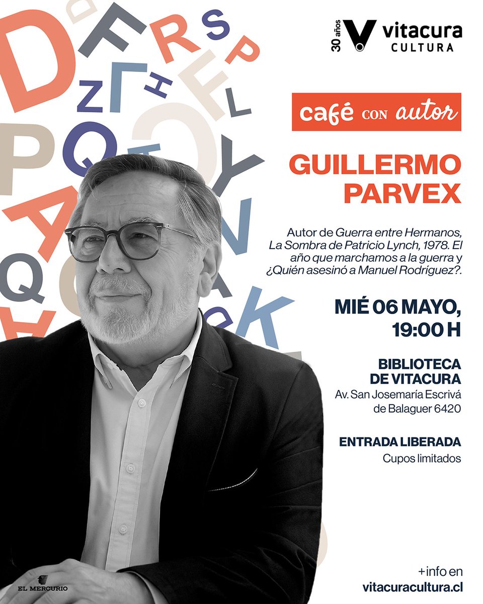 penguinlibroscl's tweet photo. Te esperamos este miércoles 6 de mayo para un café con autor en la Biblioteca de @CulturaVitacura 

Esta vez el invitado es Guillermo Parvex @GuillermoParvex 

6 de mayo 19 horas - Biblioteca de Vitacura 
Entrada liberada - Cupos limitados https://t.co/YP1xtjWmEZ