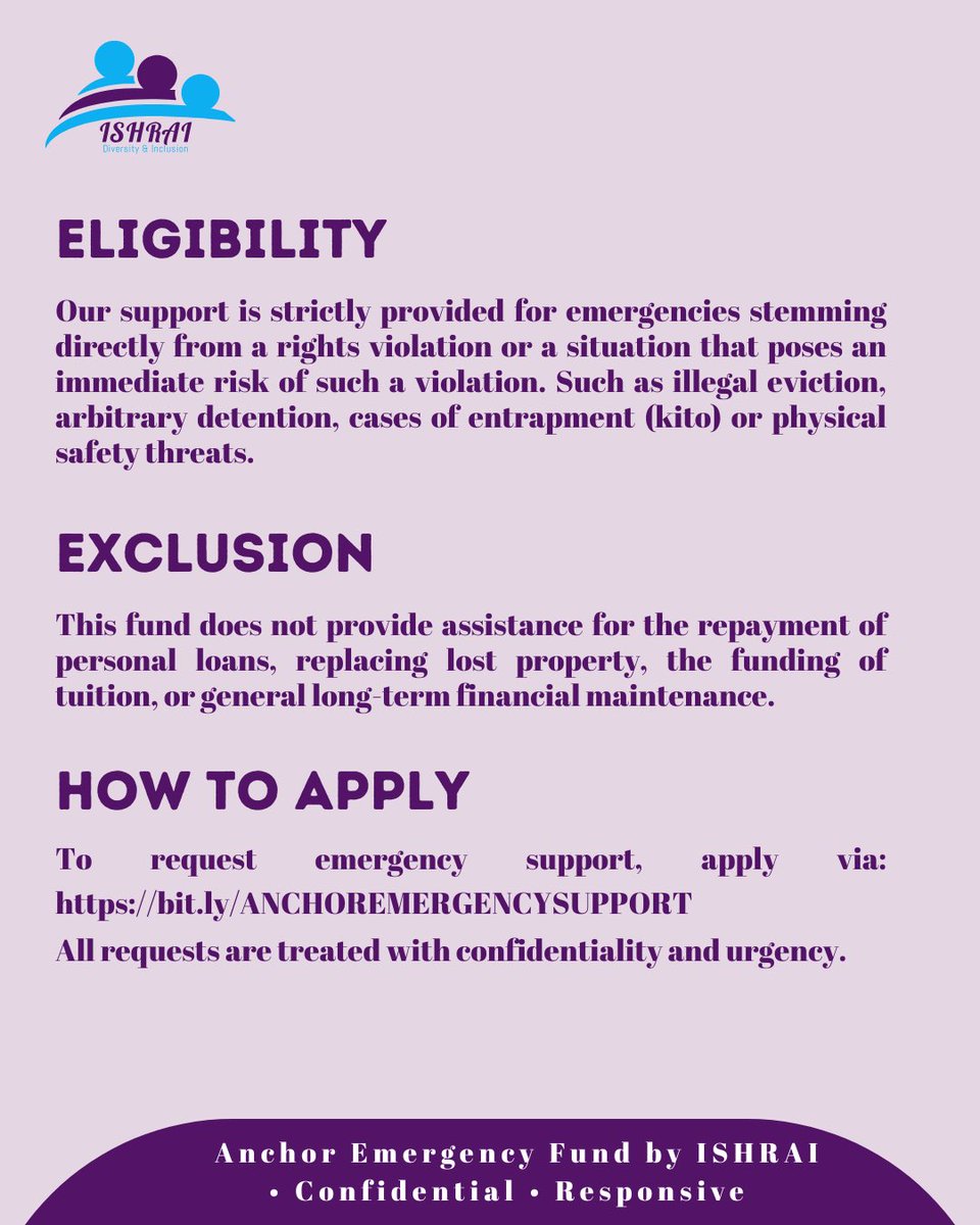 ishrai_ng's tweet image. Introducing the Anchor Emergency Fund by ISHRAI.

A rapid response initiative providing urgent support for Sexual and Gender Minorities facing crisis situations.

NB: RENT IS NOT ELIGIBLE

#EmergencyFund #ISHRAI #SafeSpaces #AccessToSupport #humanrights