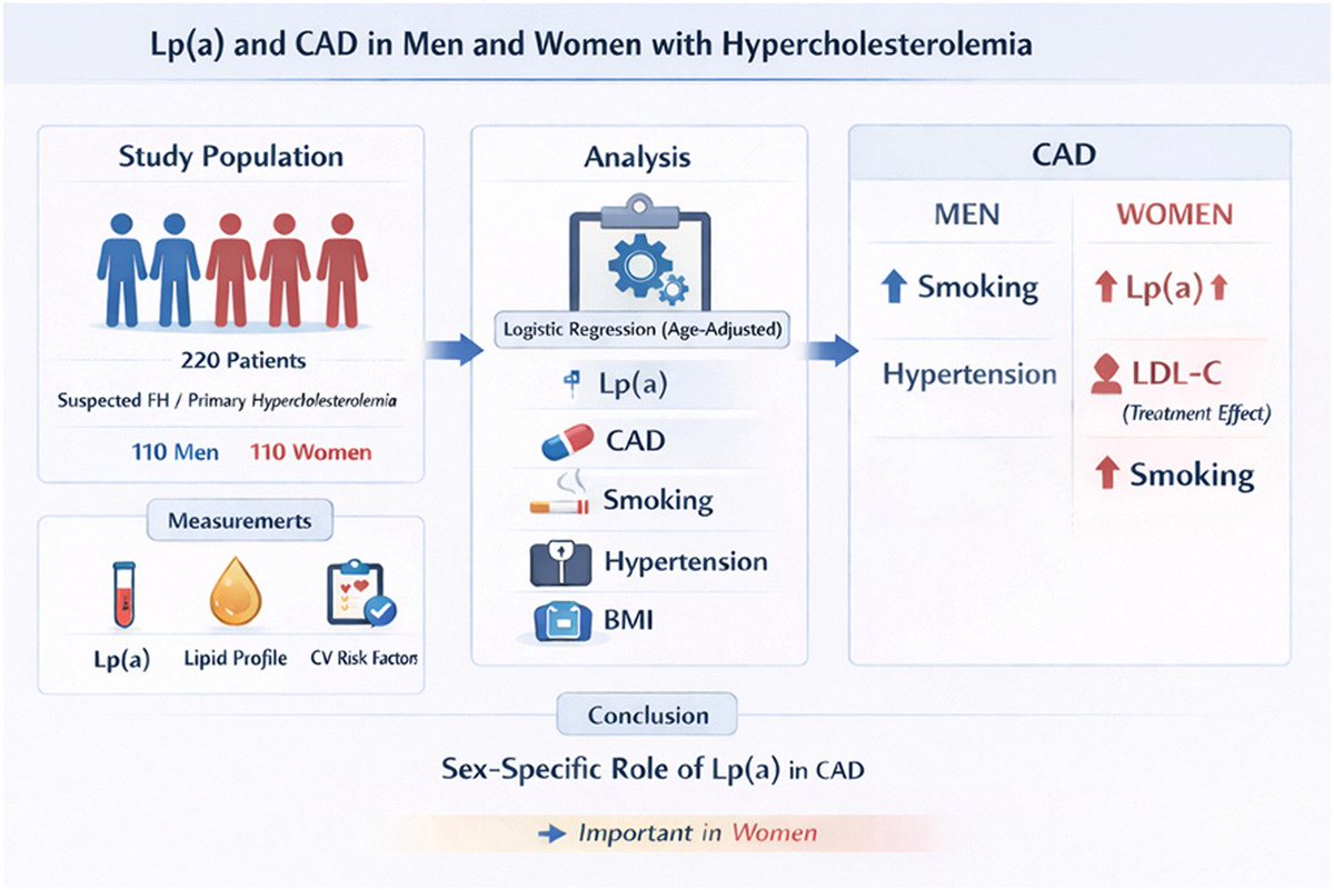 ATH_Plus's tweet photo. Same condition, different risks.
In hypercholesterolemia, Lp(a) is a key driver of CAD in women—but not in men, where smoking and hypertension prevail.
🔗https://t.co/DcDDXapp7Y
@society_eas https://t.co/C8whbrKdmL