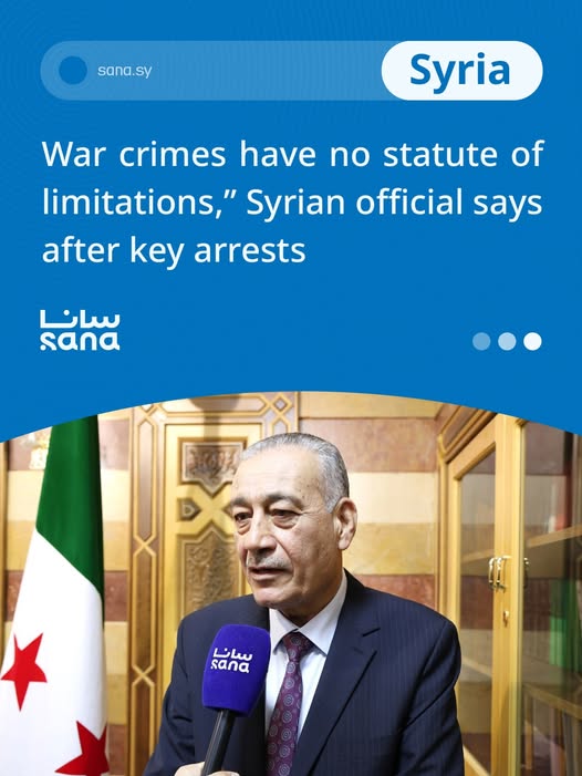 SANAEnOfficial's tweet image. Syria’s transitional justice chief said “War crimes do not expire with time” after authorities announced the arrests of senior former regime figures linked to the Eastern Ghouta chemical attacks describing the move as part of ongoing efforts to achieve accountability.
#Warcrimes