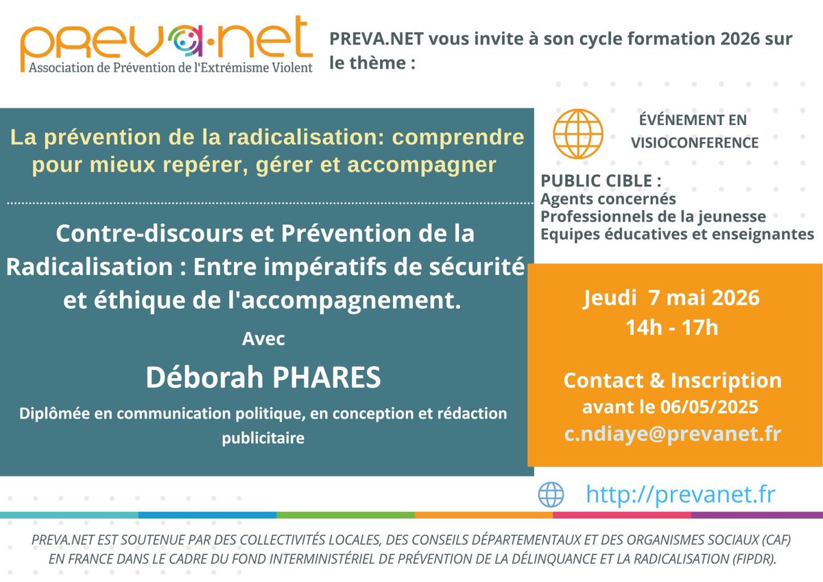 AbracaDebo's tweet image. Ma prochaine visioconférence :
📩 Inscriptions avant le 6 mai
👉 À destination des professionnels de la prévention, de l’éducation et du travail social
#prevanet #radicalisation #prevention   @EngageUCLouvain