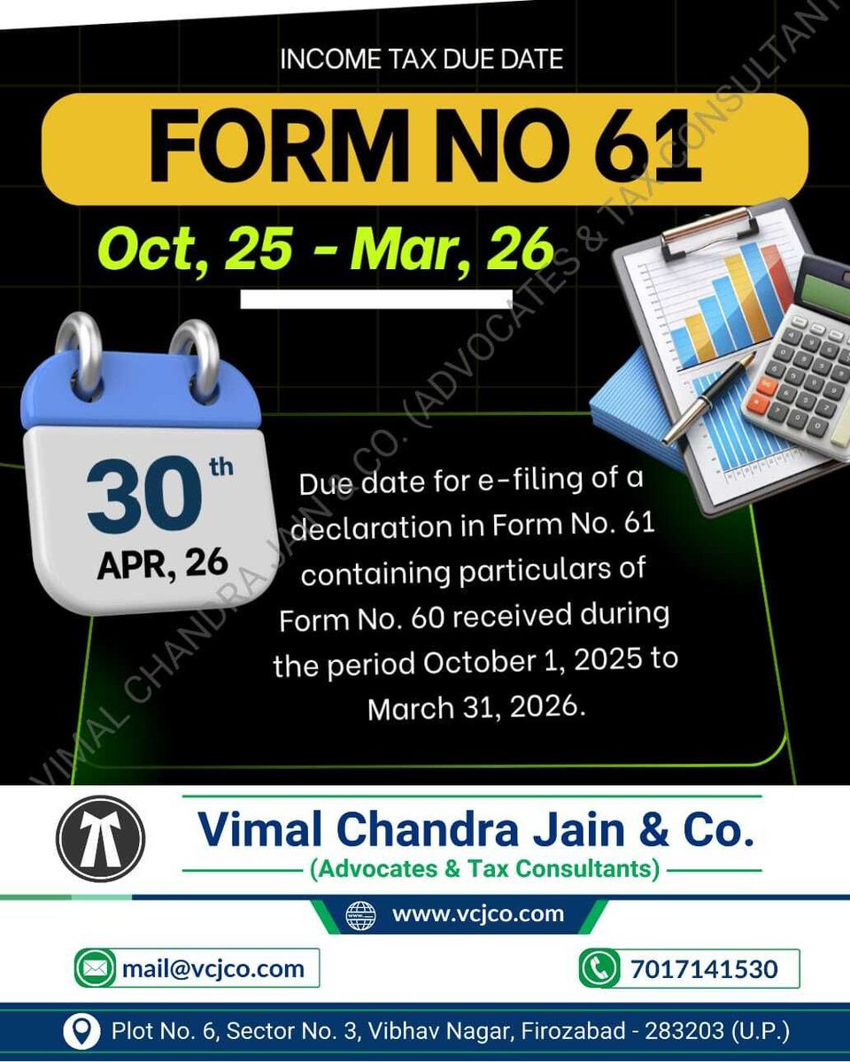 vcj_co's tweet photo. Form No. 61 Due Date Today.

#Form61 #Declaration #EFiling #compliance #practice #mathura #vrindavan #jalesar #kotla #dholpura #bharatpur #fariha #jasrana #sirsaganj #etah #auraiya #etawah #kanpur #tundla #vcjco #firozabad #agra #shikohabad #itr #incometaxreturn #gst #gstr #gstregistration #tax #incometax