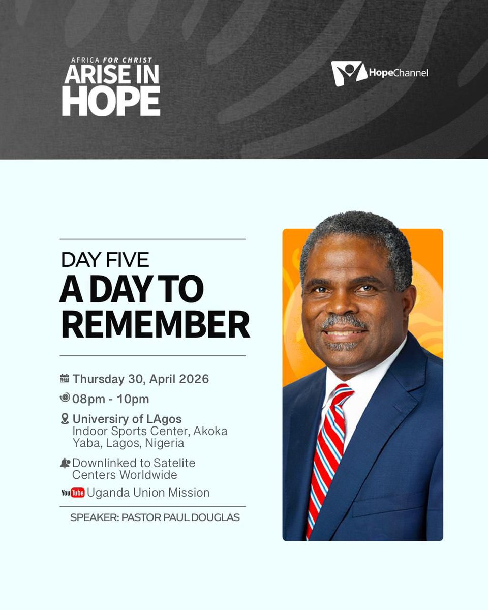UgandaAdventist's tweet photo. Join day 5 of the Africa for Christ: Arise in Hope series. Whether you are joining us in person or tuning in from across the globe, tonight’s message is designed to shift your perspective and renew your spirit.
#AriseInHope #AfricaForChrist #HopeChannel #DayFive #FaithAndHope https://t.co/EWS0r7hBsz