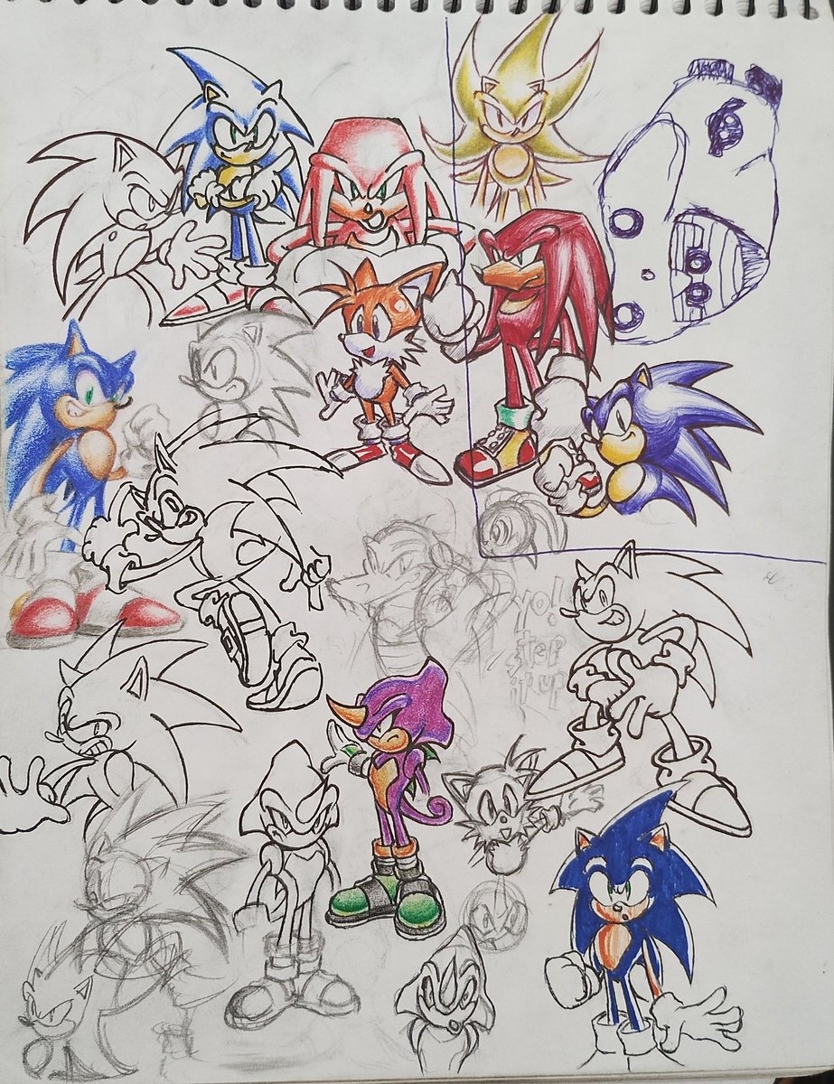 Enchiladas63124's tweet image. This is what one of my drawing sheets tends to look like: I take a sheet that's already drawn on, I erase things, I highlight what I consider good enough, and what I don't, can be erased later.
#SonicTheHedgehog
#drawings
#art