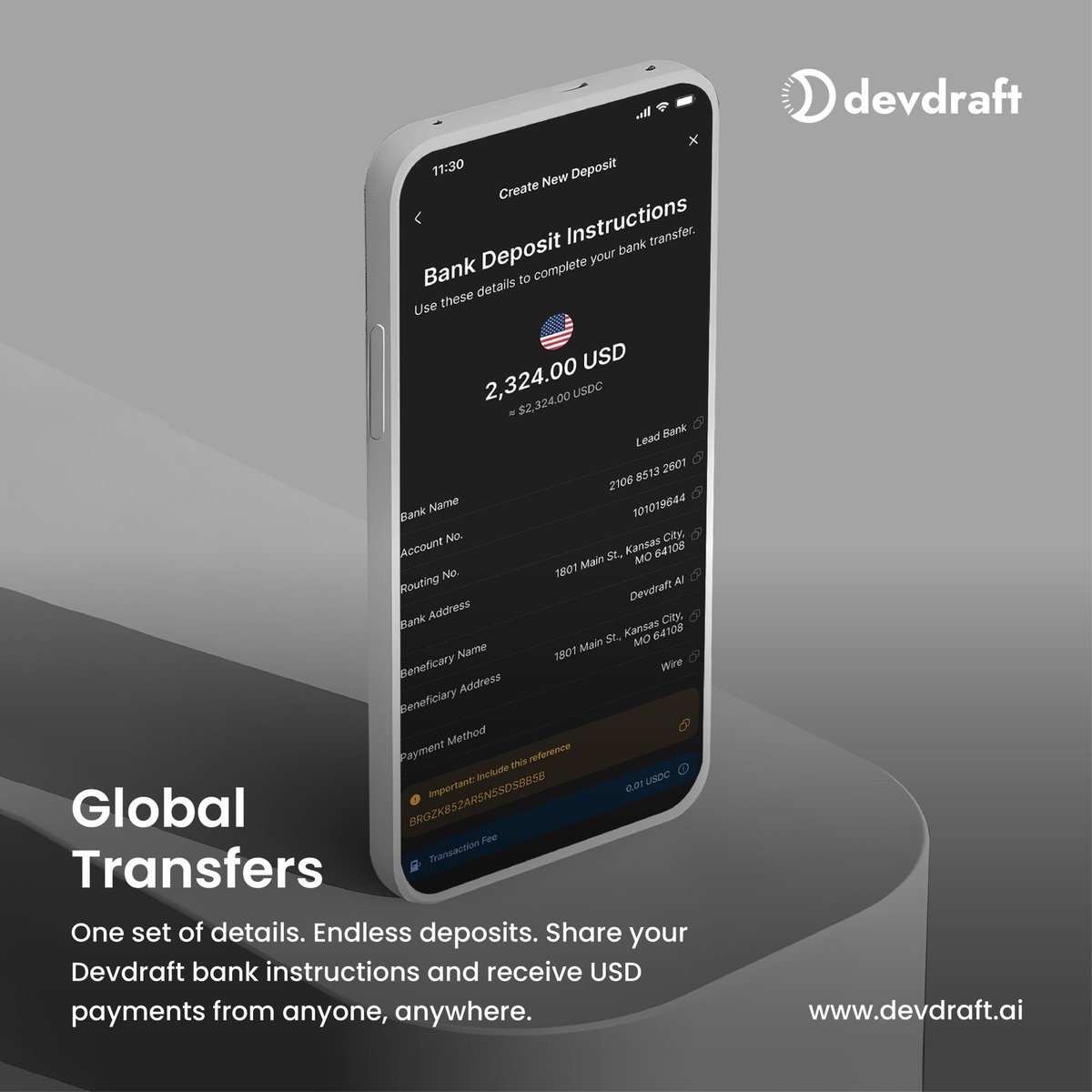 Get paid globally. Without the back and forth with a virtual USD Devdraft account. 

No limits. No confusion. Just seamless global transfers.

Start receiving globally today. Download the Devdraft app on the Google Play Store or Apple App Store.