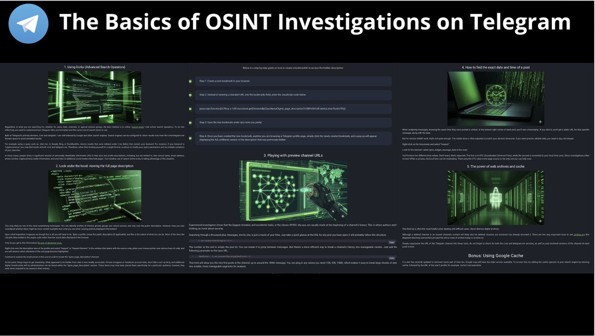 The Basics of #OSINT Investigations on #Telegram

1. Using Dorks 
2. Look under the hood: viewing the full page description
3. Playing with preview channel URLs
4. How to find the exact date and time of a post
5. The power of web archives and cache

hackyourmom.com/en/kibervijna/…