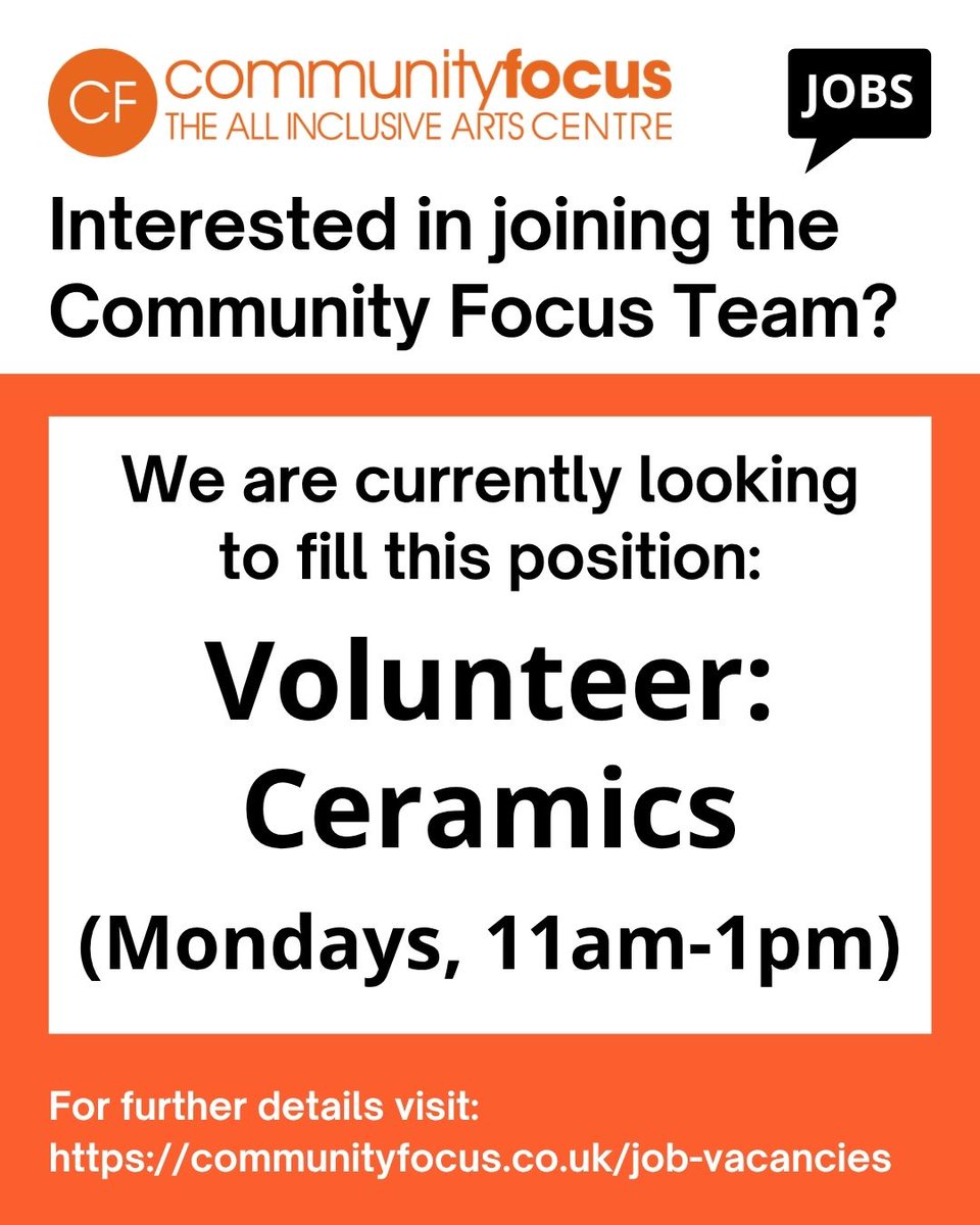 _communityfocus's tweet image. Spend your Mondays surrounded by creativity, clay &amp;amp; community.

Volunteer needed to support our Monday Ceramics class. No experience needed, just enthusiasm.

Mondays 11am to 1pm

Contact:
admin@communityfocus.co.uk
020 3743 2326

*DBS required
#Volunteer #Ceramics #Arts #London