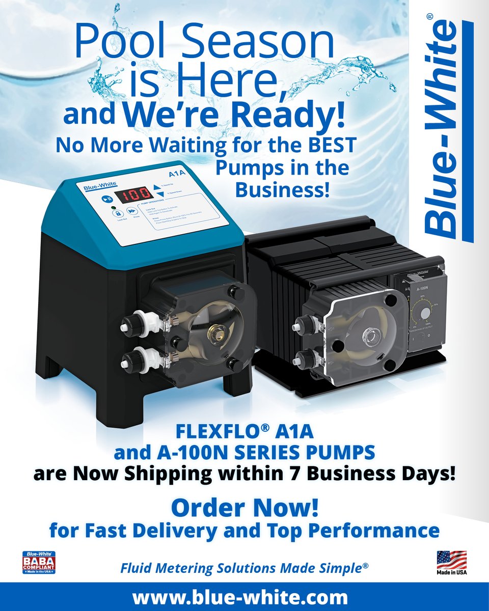 BlueWhiteInd's tweet image. ORDER NOW for FAST SHIPMENT! Blue-White® is Shipping FLEXFLO® A1A &amp;amp; A-100N #ChemicalFeed Pumps within 7 Business Days! Keep Pools &amp;amp; Water  Attractions Safe, Sparkling &amp;amp; Inviting. Visit:  bit.ly/3knkTWH #swimmingpool #pools #aquatics #waterpark #chlorine #publicpools