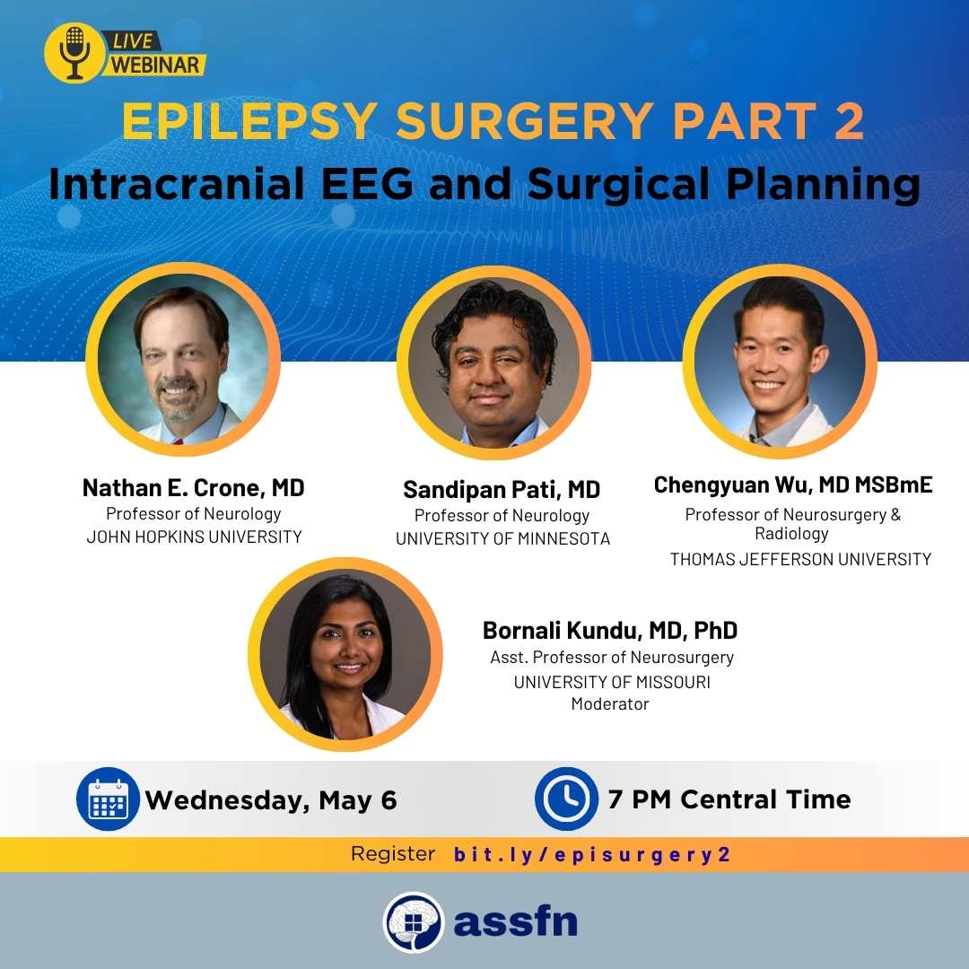 ASSFNeurosurg's tweet image. Attn: Functional Neurosurgeons!
Count down is ON for next week’s Epilepsy Surgery Part 2 webinar on May 6 at 7 PM Central.
Don't miss it - sign up: bit.ly/episurgery2
#EpilepsyCare #NeuroEducation #MedicalEducation #SurgicalPlanning #Neurology #HealthcareInnovation