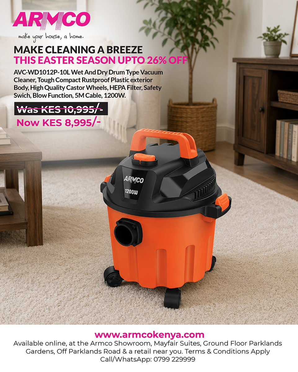 ArmcoKenya's tweet image. Clean smarter, not harder! ✨

Tackle dust in half the time with our Vacuum Cleaners. Now up to 26% OFF for a limited time! 🏠💨

🛒 Shop here: armcokenya.com/product-catego…
📞 Call: +254 799 229 999

#CleanWithEase #EasterDeals #HomeEssentials