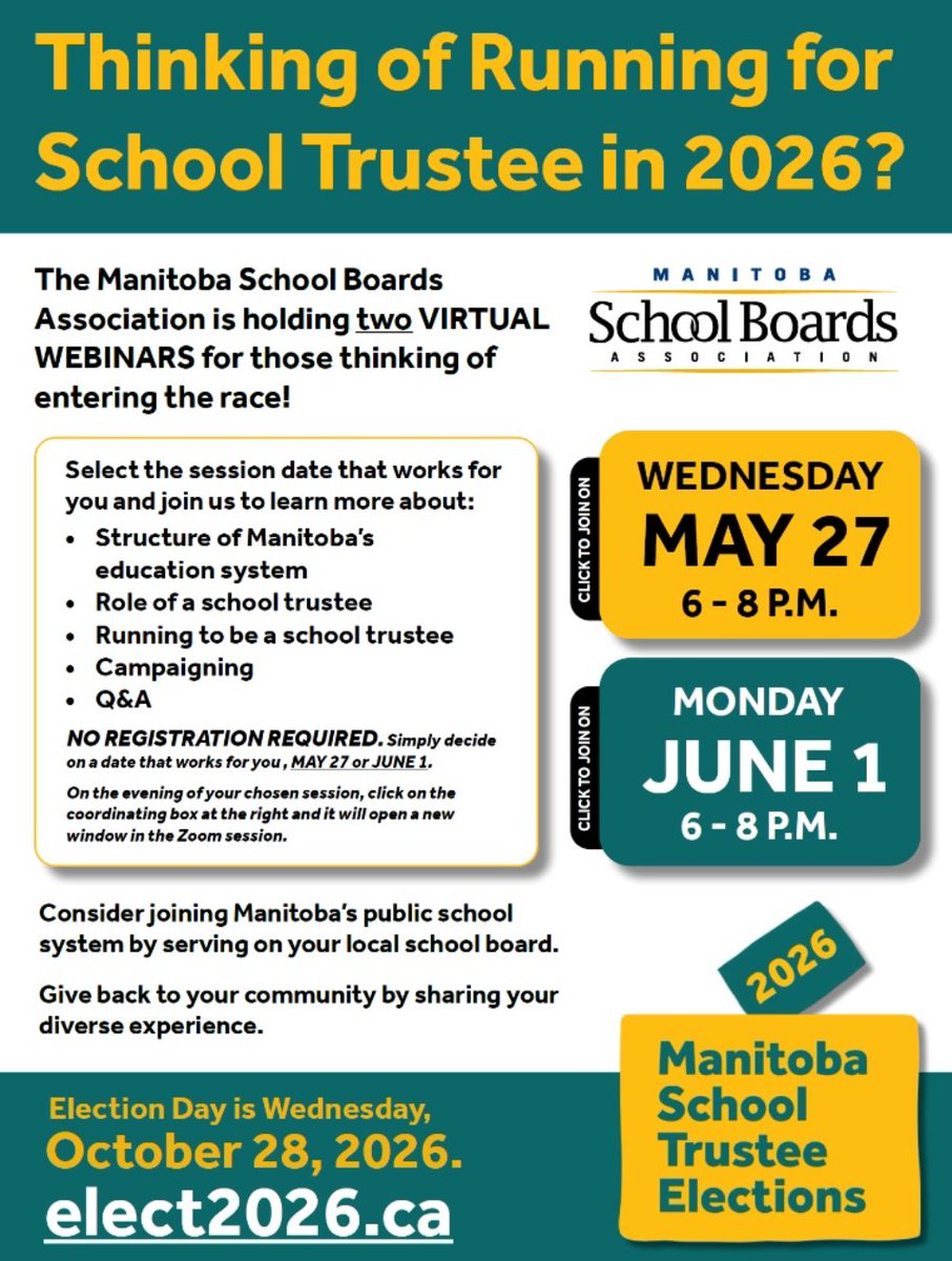 rrvsd1's tweet photo. Thinking of running for School Trustee in 2026? 

Join the MSBA's free virtual webinars to learn about the role and how to run your campaign. No registration required! https://t.co/bnQXUHlaND