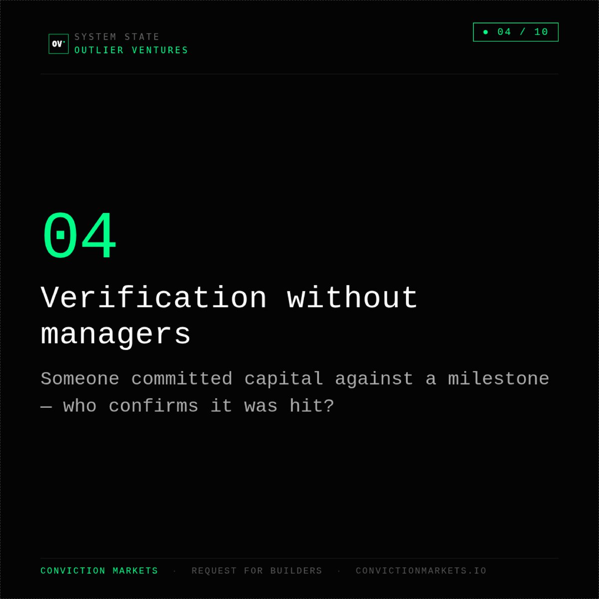 oviohq's tweet photo. 10 Open Problems Builders of the Agentic Internet Need to Solve

🧩No 4: Verification without managers

Someone committed capital against a milestone. Humans and agents did the work.

Who confirms the milestone was hit?

Capital can't flow programmatically if there's no credible verification layer.

Are you working on this? Talk to us.