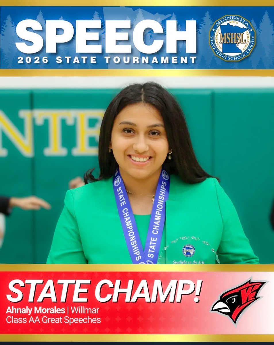 ISD347's tweet image. 🎤🏆 Huge congrats to WHS senior Ahnaly Morales—Class AA Great Speeches State Champion! Back-to-back champs for Willmar 👏

Shoutout to our other state competitors for an outstanding showing! ❤️

#WillmarPublicSchools #HighSchool #Speech #StateChampion #MSHSL #CardinalPride