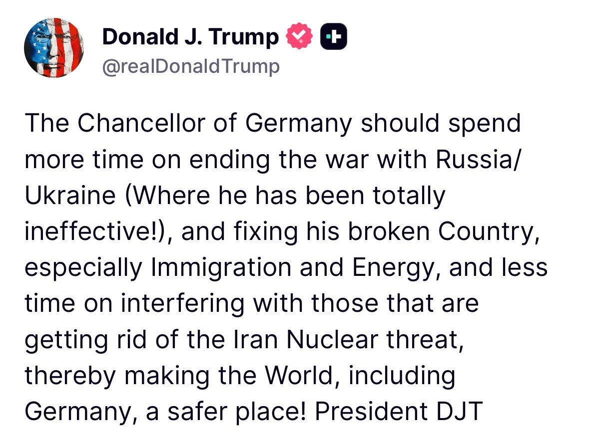 Macropulse01's tweet photo. TRUMP SLAMS GERMANY

Trump tells Germany’s Chancellor to focus on Russia-Ukraine and domestic issues instead. 🇺🇸🇩🇪 https://t.co/BbBMKyBREg