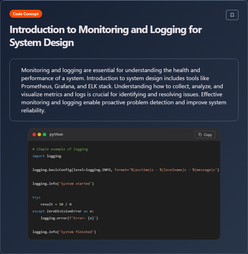 techielearnapp's tweet image. ✨ Introduction to Monitoring and Logging for System Design

#SystemDesign #Architecture #Scalability #DistributedSystems #100DaysOfCode #DevLife