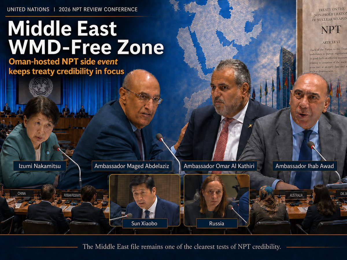 AhmedFathi_'s tweet image. Oman and Arab diplomats put the Middle East WMD-Free Zone back at the center of the NPT debate.

It is not symbolic. It tests whether the 1995 bargain still has weight in a region without trust.

#UN #NPT2026 #Disarmament #Oman

Read more:
🔗👉 amerinews.tv/posts/oman-hos…