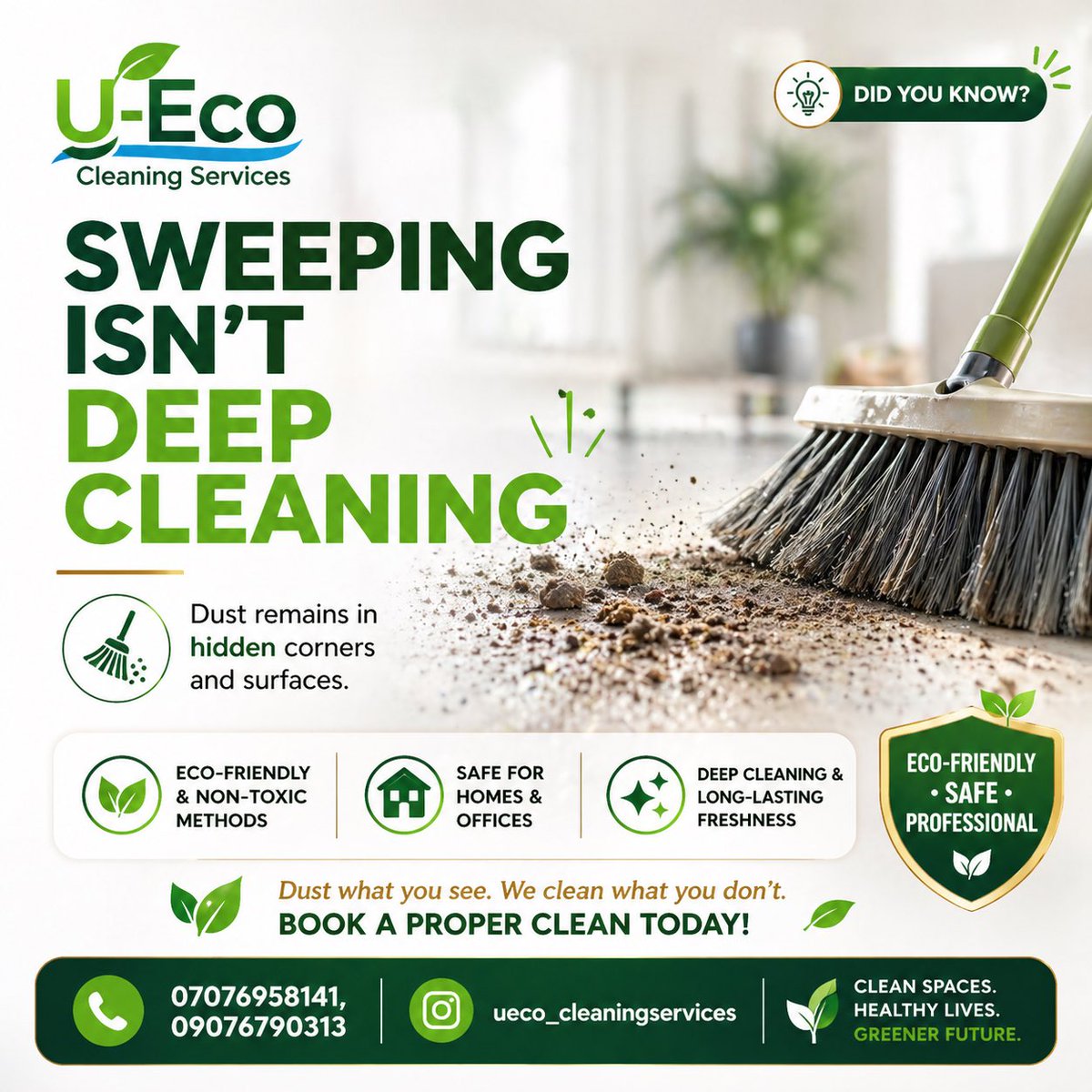 Ueco_Cleaning's tweet image. Sweeping isn’t deep cleaning 👀
Dust hides where you can’t see.

Let the pros handle it 🌿
📞 07076958141 | 09076790313

#CleaningServices #Ilorin #EcoFriendly