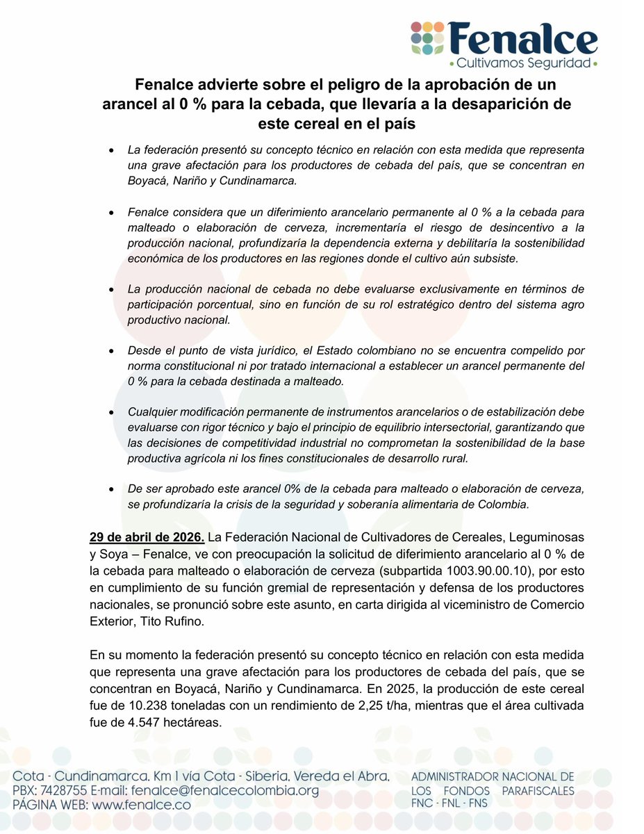 jflafaurie's tweet image. #SOS 

El "Gobierno de los campesinos" está a punto de aprobar un arancel del 0 % a las importaciones de cebada.

Esto acabaría con la producción nacional y dejaría en la calle a miles de familias trabajadoras del campo ubicadas en #Boyacá, #Nariño y #Cundinamarca.

¡El