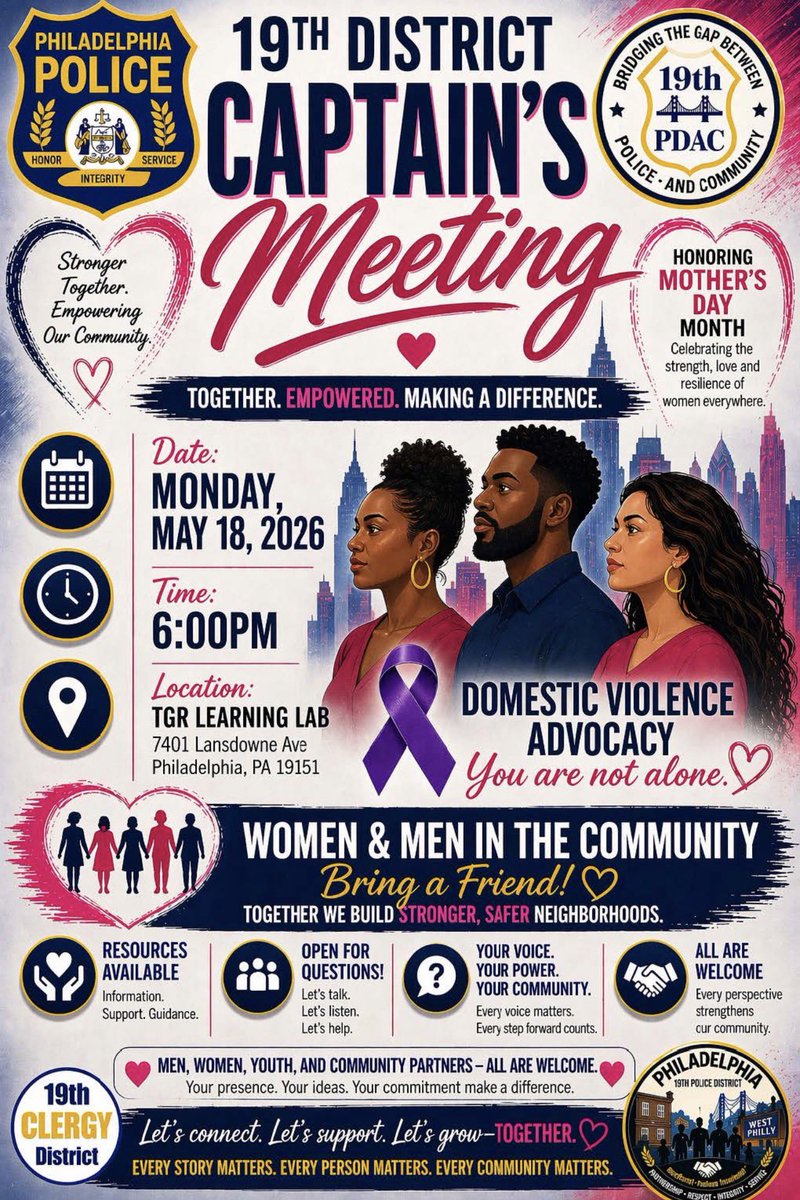 PPD19Dist's tweet photo. Join us for our upcoming Captain’s Meeting on May 18 at 6:00 PM at 7401 Lansdowne Ave. As we gather to discuss community concerns and solutions, we also take a moment to honor Mother’s Day month and celebrate the strength of mothers in our community. 💐 https://t.co/zZshT7fg1B