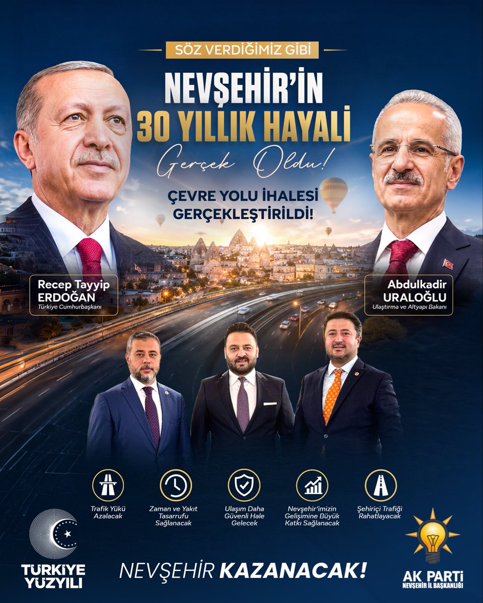 EmreCaliskan_50's tweet photo. NEVŞEHİRİMİZ İÇİN TARİHİ GÜN!

Nevşehir’imiz yıllardır bekledi…  
Ve biz söz verdiğimiz gibi o bekleyişi bitiriyoruz.

Nevşehir Çevre Yolu Projesi’nin ihalesi 30.04.2026 (Bugün) gerçekleştirildi.

16,8 km uzunluğunda, 8 köprülü kavşaklı bu büyük proje ile  
şehrimizin ulaşımı rahatlayacak, Nevşehir yeni bir döneme adım atacak.

Bu sadece bir yol değil;  
Nevşehir’imizin geleceğine atılan güçlü bir adımdır.

AK Parti Nevşehir olarak;
Söz verdik…  
Takip ettik…  
Ve bugün o sözün gereğini yerine getiriyoruz.

Bu şehre ne söz verdiysek yapmaya,  
Nevşehir için durmadan, yorulmadan çalışmaya devam edeceğiz.

Nevşehir Kazanacak.

Bu büyük yatırım için Cumhurbaşkanımız Sayın @RTErdogan başta olmak üzere Ulaştırma ve Altyapı Bakanımız Sayın @a_uraloglu  ‘na teşekkür ediyoruz.