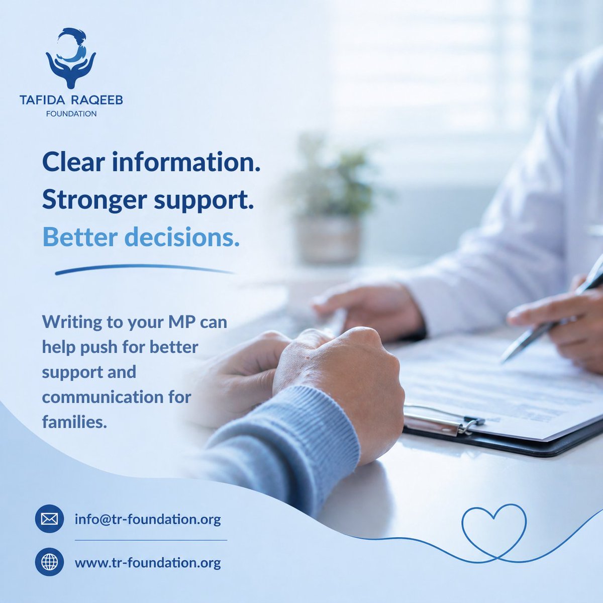 TafidaRaqeebFdn's tweet image. Families deserve clear information and support in care decisions.
Some still face confusion or delays in second opinions.

TRF advocates for better communication and support.

👉Write to your MP. Template on our website.

#FamilySupport #PatientRights #HealthcareAccess #Advocacy