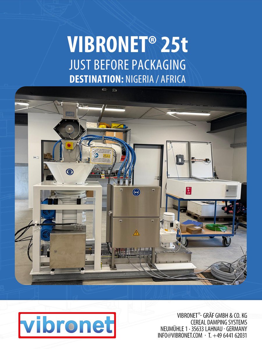 vibronet_com's tweet photo. New VIBRONET® model „V25“ for up to 25 tons per hour capacity (basis: dry, cleaned wheat) Getting ready for packaging, destination Nigeria / Africa. https://t.co/TMBPu8GIeB