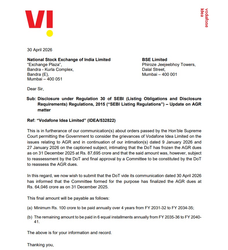 CNBCTV18News's tweet image. 🚨🚨 More relief for #VodafoneIdea as DoT revises AGR dues payable by the telco at ₹64,046 Cr as of December 2025 from ₹87,695 Cr

🚨 Moratorium to continue on AGR payments till FY 31 
🚨 #VodaIdea to pay Rs 100 crores annually from FY32 to FY35
🚨Balance amount to be paid in 6