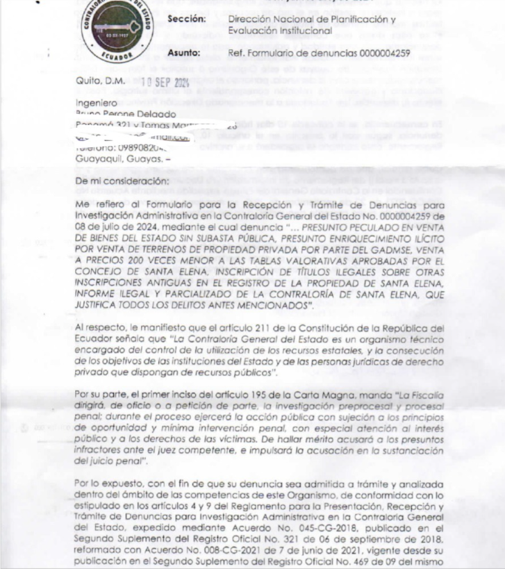 mejoresdiasEC's tweet photo. Señor #Contralor General del Estado, Dr. Mauricio Xavier Torres Maldonado @XMauricioTorres:

Como es de su conocimiento, en febrero 2026 los perjudicados por la nefasta compraventa realizada por el ex alcalde #OttoVera a los señores #Olsen de la compañía #BELLITEC acudieron a la Fundación La Integridad, que presido, y presentaron denuncia formal contra los auditores del examen especial DPSE-0010-2023 de la CGE Santa Elena, quienes no detectaron irregularidades en una de las más escandalosas compraventas que hace a #PabloMuentes de #Duran parecer un angelito.

Cabe enfatizar que los perjudicados presentaron su denuncia por primera vez en julio de 2024, pero la Contraloría tomó una postura evasiva y no realizó ninguna acción de control pertinente.

En marzo 2026, usted Señor Contralor contestó formalmente a la remisión de denuncia de la familia Perrone, presentada por la Fundación La Integridad, garantizando la realización del examen especial al informe DPSE-0010-2023.  

Dejo a continuación un pequeño resumen de lo denunciado por el Sr. Perrone, junto con 336 hojas de anexos y evidencias:
1. Simulación de Escritura de Compraventa (Art. 20 Ley Notarial): Cláusula Quinta declara el bien saneado y sin limitaciones, mientras la Cláusula Sexta obliga al GAD a anular títulos de terceros (familia Perrone).  
2. Alcalde, Procurador Síndico, Concejales y Registrador conocían y mencionaron en la escritura la Sentencia de Acción de Protección 24331202100697 (favorable a los dueños originales) y aun así la desacataron.  
3. Compraventa de mala fe: Ambas partes sabían que el Municipio ya había vendido los mismos terrenos en 1963.  
4. Contrato con objeto ilícito: Celebraron la venta conociendo la sentencia de Protección marginada en el Registro.  
5. Doble venta del mismo lote: Venta de cosa ajena con pleno conocimiento (fichas registrales y catastros aún activos en 2022).  
6. Convocatoria irregular al Concejo (Art. 318 COOTAD): Citados con menos de 48 horas y sin entregar documentación.  
7. Informe del Procurador Síndico del mismo día: Convocaron al Concejo antes de que existiera el informe jurídico.  
8. Catastro prematuro: Certificado de Catastro ya a nombre de BELLITEC insertado antes de la firma e inscripción de la escritura.  
9. Títulos de crédito impresos prematuramente (8 de febrero a las 20:42): El sistema generó documentos de una venta que aún no existía.  
10. Ordenanza ilegal para vender sin subasta: Reforma express a la ordenanza municipal para permitir venta directa, violando el COOTAD Art. 445 y la jerarquía normativa (Art. 425 Constitución).  
11. Precio irrisorio: Vendieron a ~0,83 USD/m² terrenos frente al mar, entre 180 y 235 veces por debajo de las tablas valorativas del propio GAD.  
12. Rechazo de oferta superior: Desestimaron una oferta legal de 1,83 USD/m² que representaba 6 millones USD adicionales para las arcas municipales.  
13. Uso indebido del Art. 481 COOTAD: El artículo exige subasta pública y solo aplica a fajas/excedentes; no justifica venta directa de lotes completos.  
14. Inscripción ilegal en el Registro de la Propiedad: El Registrador, Jorge Falquez Maldonado, inscribió sobre título previo de 1963 y anuló fichas de los dueños originales usando indebidamente un Habeas Data.

Hoy 30 de abril de 2026 vence el mes en el que usted, sr Contralor, se comprometió formalmente a realizar el Examen Especial a la nefasta auditoría DPSE-0010-2023 de la Contraloría Provincial de Santa Elena (Nelly Reyes y equipo).

Esa auditoría no detectó (o peor: justificó) la venta irregular de 747,87 hectáreas por parte del GADMSE de #OttoVera a BELLITEC, incluyendo terrenos privados de la familia #Perrone que ya habían sido vendidos por el mismo Municipio en 1963 y que fueron protegidos por sentencias de Acción de Protección a su favor.

Señor Contralor:
Cumplirá su compromiso? O permitirá que este escándalo quede en la impunidad?

#NuevaContraloria #Contraloria #Corrupcion #TraficoDeTierras #Impunidad #SantaElena #Purga2
