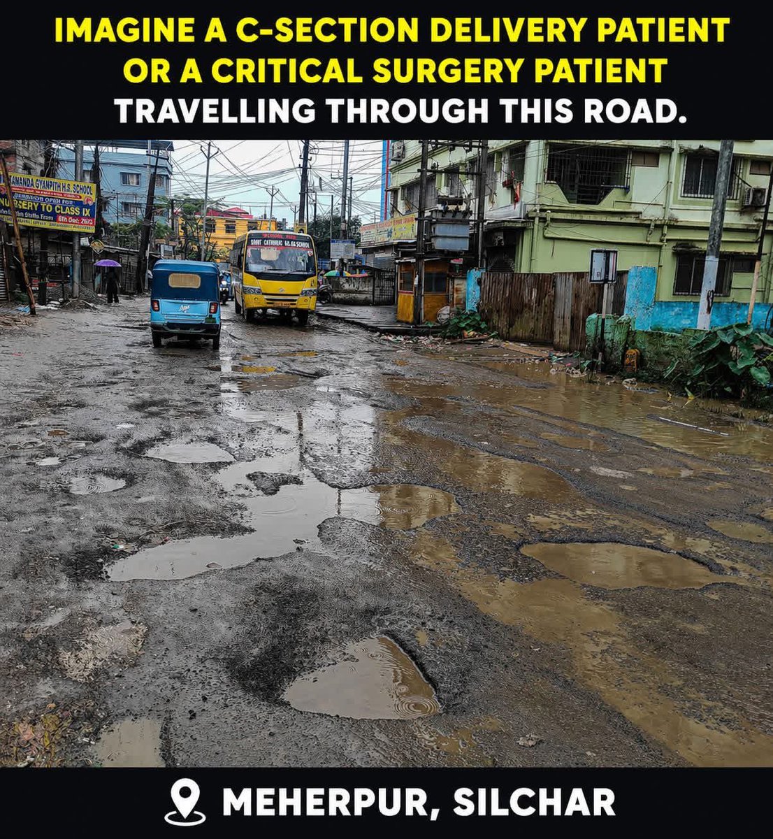 shubha79's tweet photo. @himantabiswa @CMOfficeAssam Sir as you are on the verge of getting elected again, it’s my good wishes to you. Sir the roads of Silchar has gone from bad to worse. Kindly look into it once you are back as CM of Assam. The below picture is of SMCH road. https://t.co/l0r4k9uHkw