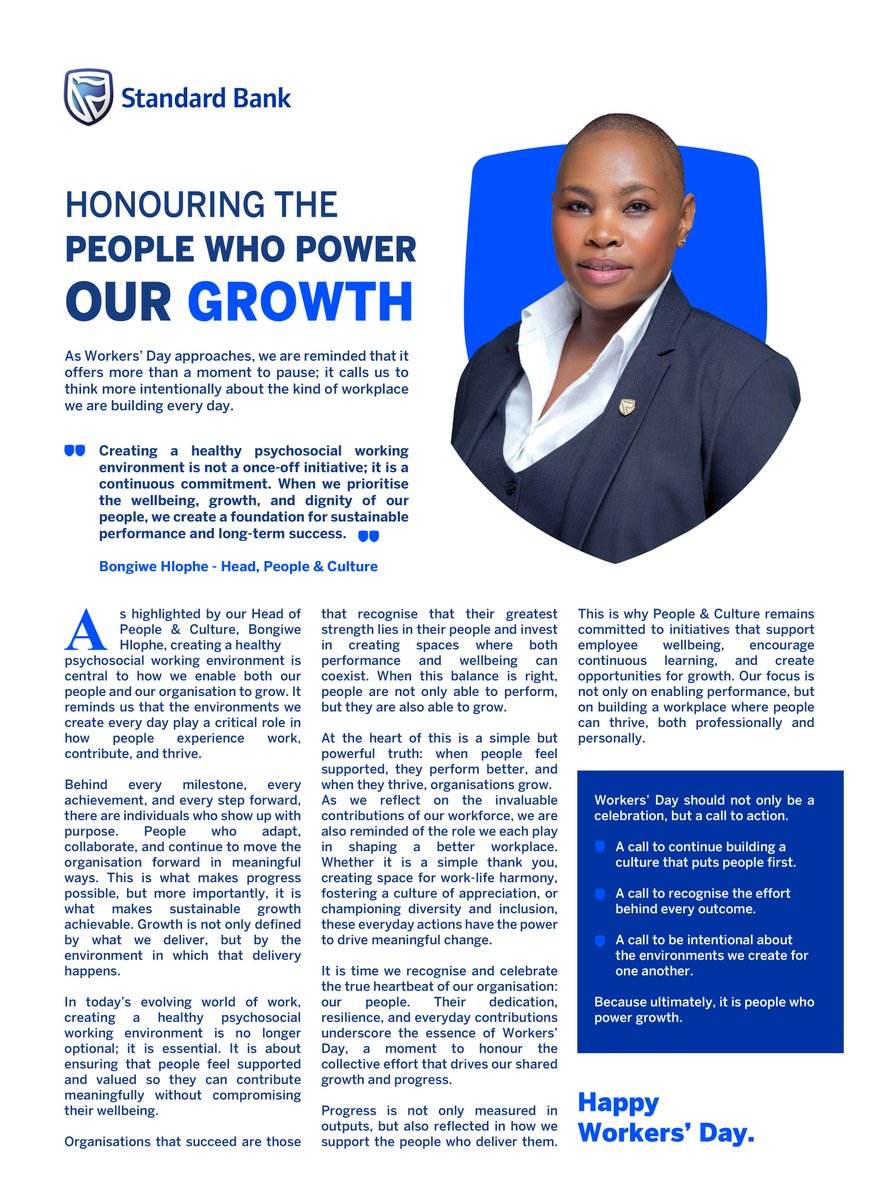 StandardBankSZ's tweet photo. Honouring the people who power our growth.
This Workers’ Day, we reflect on a simple truth: when people feel supported, they thrive and so do organisations. Creating a healthy, people-first workplace isn’t a moment, it’s a continuous commitment.

Read insights by Bongiwe Hlophe, Head: People & Culture: https://t.co/l3l8R8z4Hr

#WorkersDay #PeopleFirst #SustainableGrowth