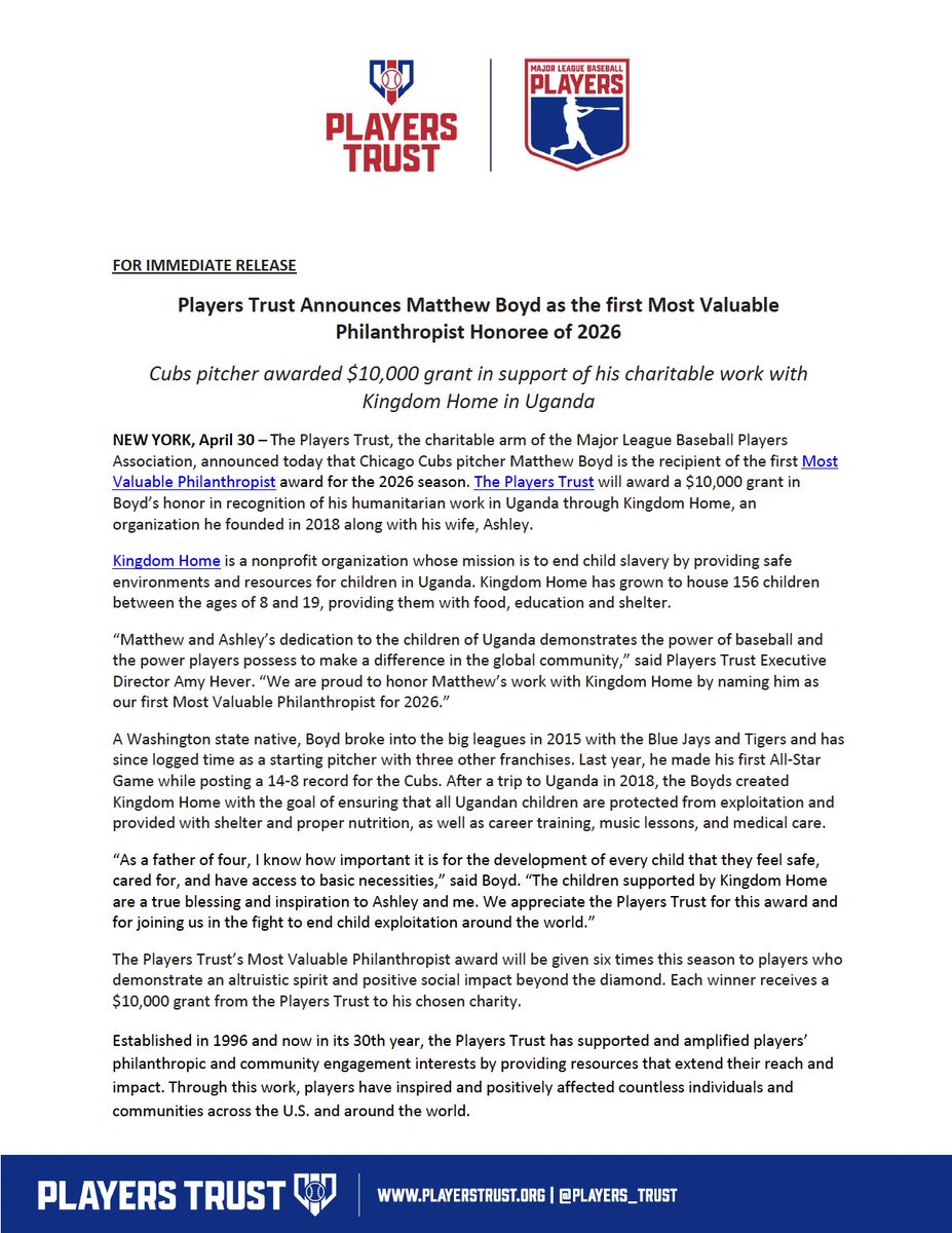 MLBPA_News's tweet image. FOR IMMEDIATE RELEASE

Players Trust Announces Matthew Boyd as the first Most Valuable Philanthropist Honoree of 2026
