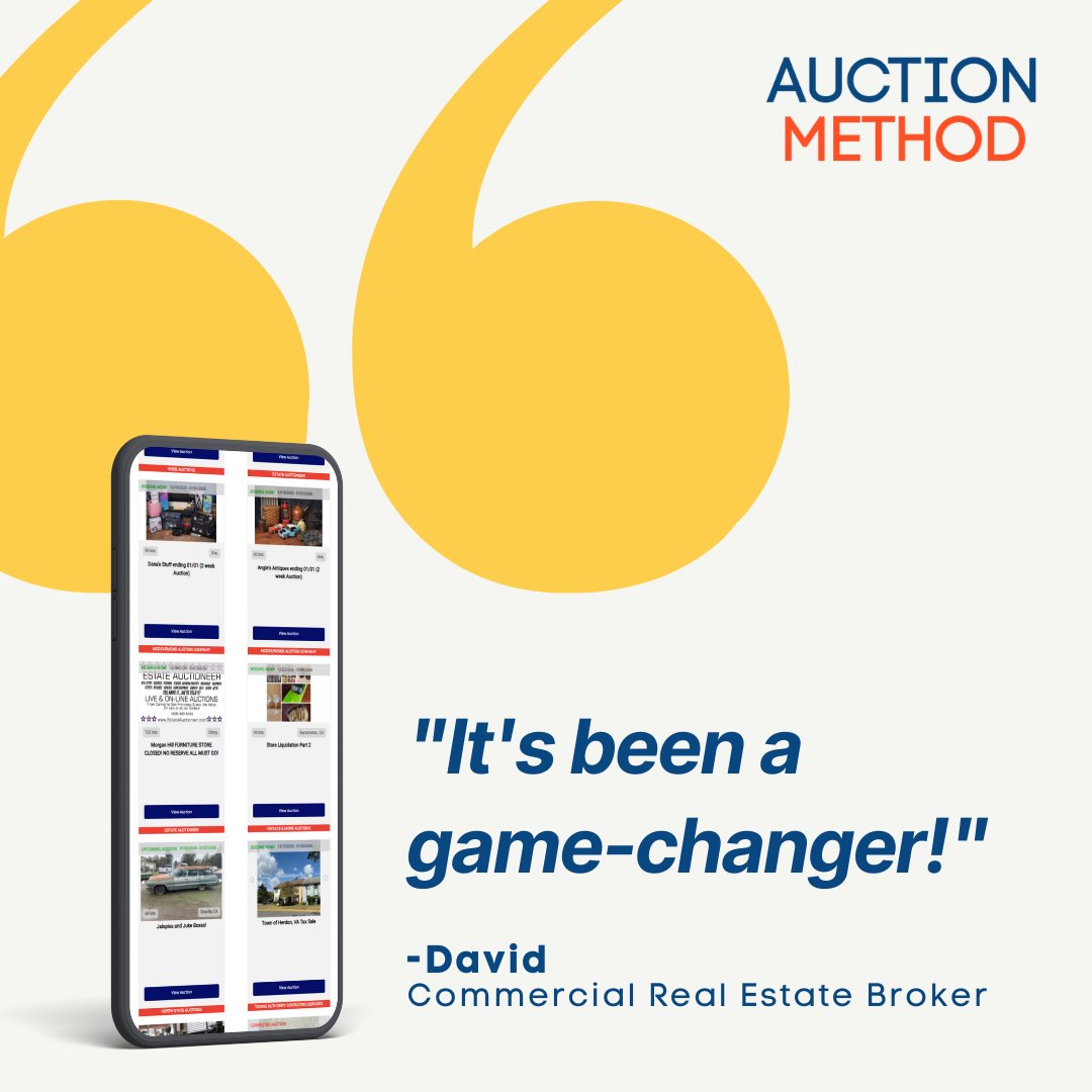 AuctionMethod's tweet photo. David, a Commercial Real Estate Broker, says, "AuctionMethod's ease of use and support make it perfect for my business." 👨‍💼 Our software works for live, online, or hybrid auctions too. 📈 Learn more: https://t.co/5YBDa2rjr8
#auctioneer #auctionsoftware #timedauctions https://t.co/Uj4H2r0pFt
