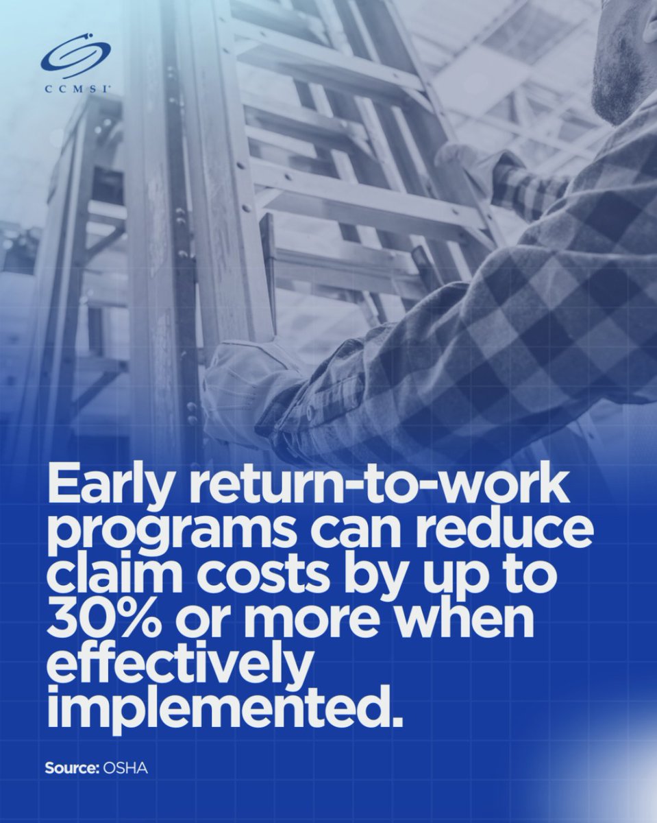 CCMSI_TPA's tweet image. Early return-to-work strategies aren’t just beneficial—they’re essential.

At CCMSI, we partner with our clients to implement proactive return-to-work programs that drive both financial and human impact.

#ccmsi #workerscomp #riskmanagement #claimsmanagement #returntowork