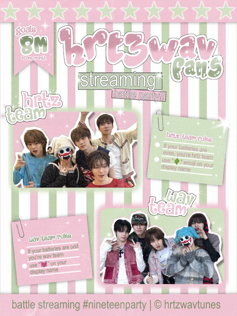 hrtzwavtunes's tweet photo. Ready to turn streaming into something way more fun? ✨️

hrtzwavtunes has prepared a fun way to support &amp; stream the NINETEEN MV, 𝗔 𝘀𝘁𝗿𝗲𝗮𝗺𝗶𝗻𝗴 𝗯𝗮𝘁𝘁𝗹𝗲 𝗽𝗮𝗿𝘁𝘆! ❤️‍🔥

read more ⬇️
#hrtzwav #하츠웨이브 https://t.co/VrF1zf3uE8