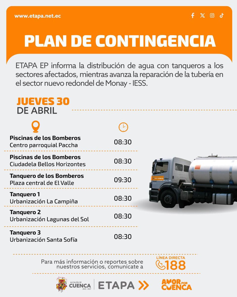 Cuenca4Rios's tweet photo. P) 🚛💧 #PlanDeContingencia Jueves 30 | Continuamos con la distribución de agua mediante tanqueros en los sectores afectados por la rotura de tubería en el sector Monay – IESS.

📍 Revisa los puntos y horarios.  Planifica tu abastecimiento.

🚰 Pedimos a la ciudadanía usar el agua solo en lo necesario para evitar desabastecimiento en otros sectores.

📞 Novedades en nuestros servicios, repórtalas al 188.

@czamoramatute 
@MunicipioCuenca 
@ETAPAOficial