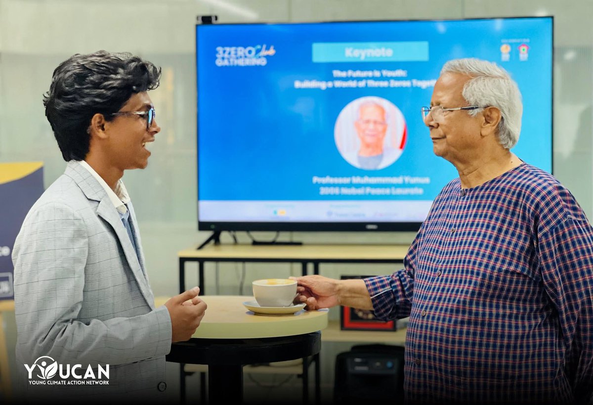 youcan_global's tweet photo. YOUCAN met Nobel laureate Muhammad Yunus to share our vision for youth-led climate action 🌍 He appreciated our work &amp; discussed social business, climate responsibility &amp; youth leadership. Advancing the 3ZERO vision together. 💚 #YOUCAN #YouthLeadership #ClimateAction https://t.co/YVtgjhdy7g