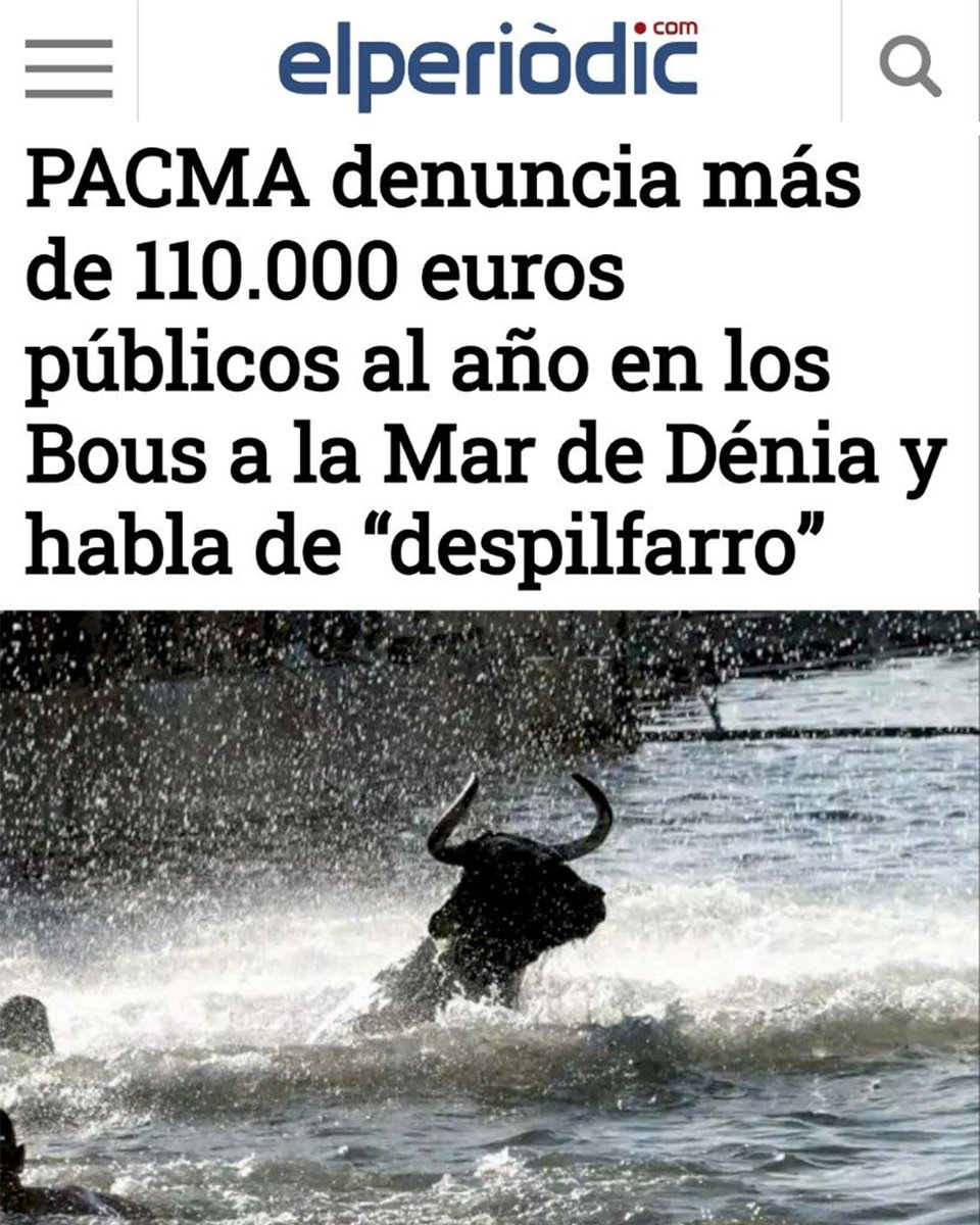 PartidoPACMA's tweet photo. 💸110.000 euros anuales.

😡¡Vergüenza, @PSOEDENIA y @CompromisDenia!

🌊🐂Es lo que cuesta maltratar a un toro durante horas y acabar tirándolo al mar, poniendo en peligro su vida y la de cientos de personas.

🚫El @ayto_denia sigue despilfarrando dinero público en esta barbarie en vez de destinarlo a los asuntos que realmente importan a la sociedad.

🏛Los Ayuntamientos destinan millones de euros a financiar la tauromaquia.

🛟Esto debe acabar. ¡Lanza un salvavidas por los bous a la mar!

#LanzaUnSalvavidasPorLosBousALaMar #StopFestejosTaurinos #Dénia #ÚneteALaRevoluciónVerde #ÚneteAPACMA