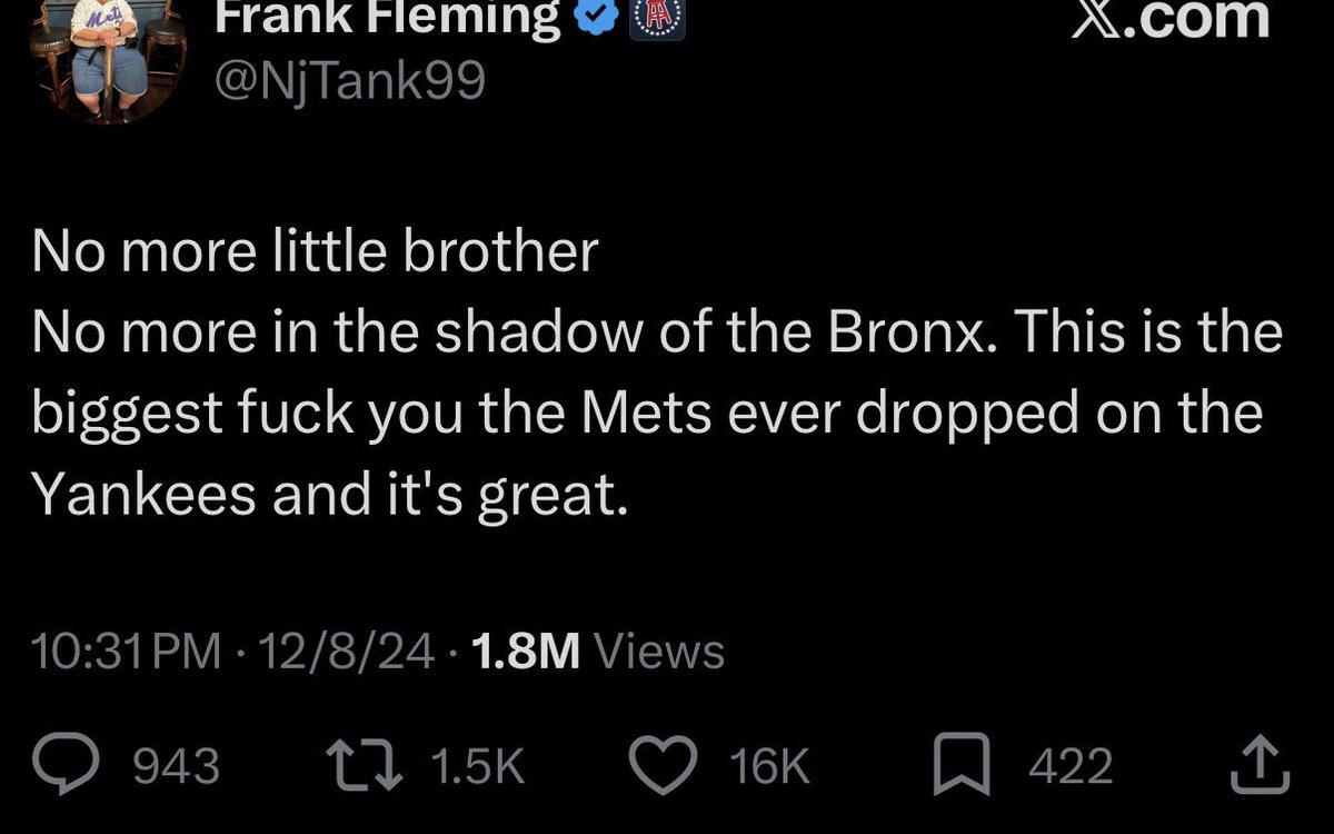 Mets fans actually think we hate them because of Soto 😭😭
No it because you run your mouth every offseason telling everyone how nyc is your city just to embarrass yourselves by July 🤣🤣