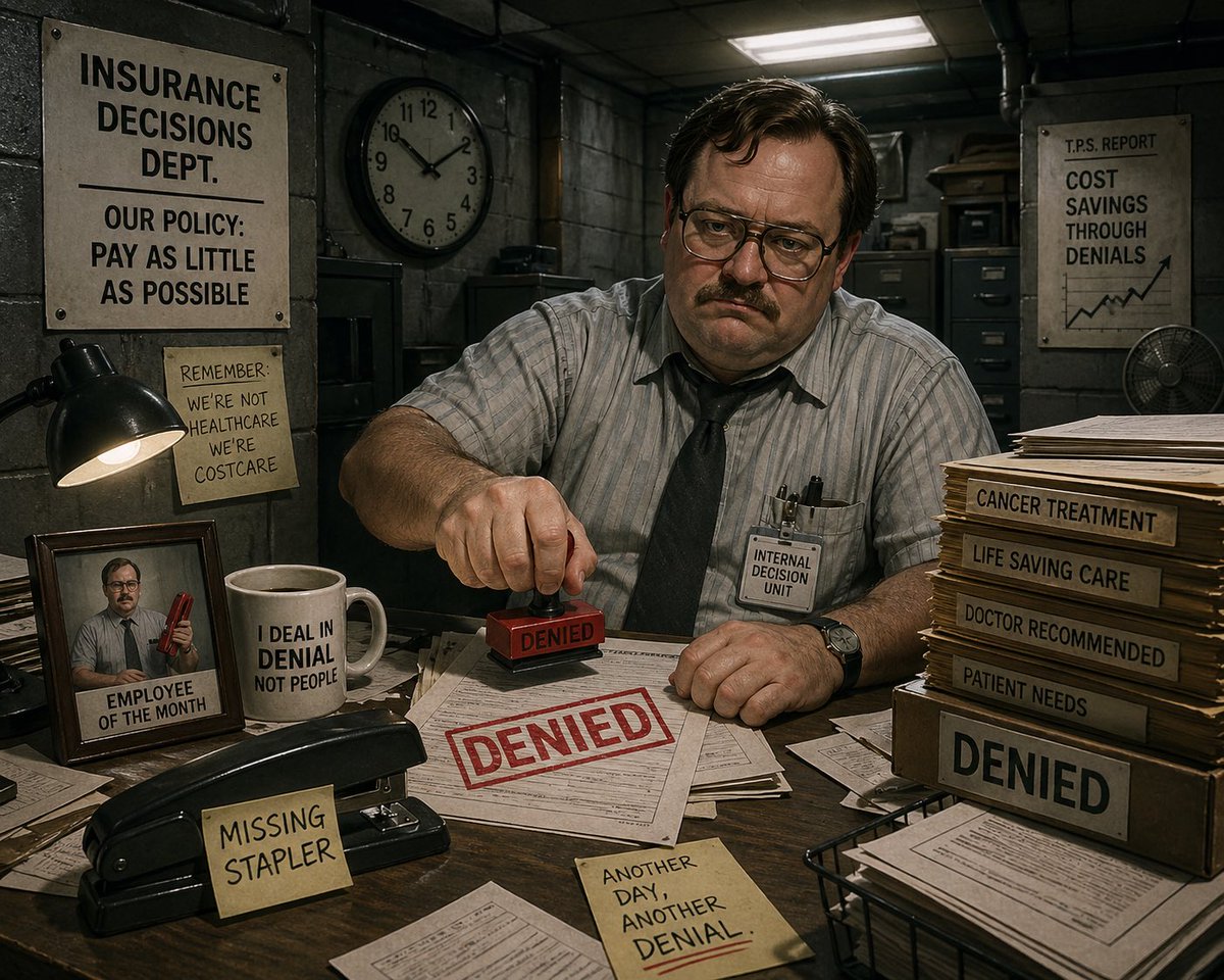 One thing I wasn’t prepared for in this cancer fight…

Doctors: “This could save your life.”
Insurance: “Not medically necessary.”

Meanwhile, it feels like some guy in a basement—missing his stapler from Office Space—is making the call with a big red “DENIED” stamp.

That
