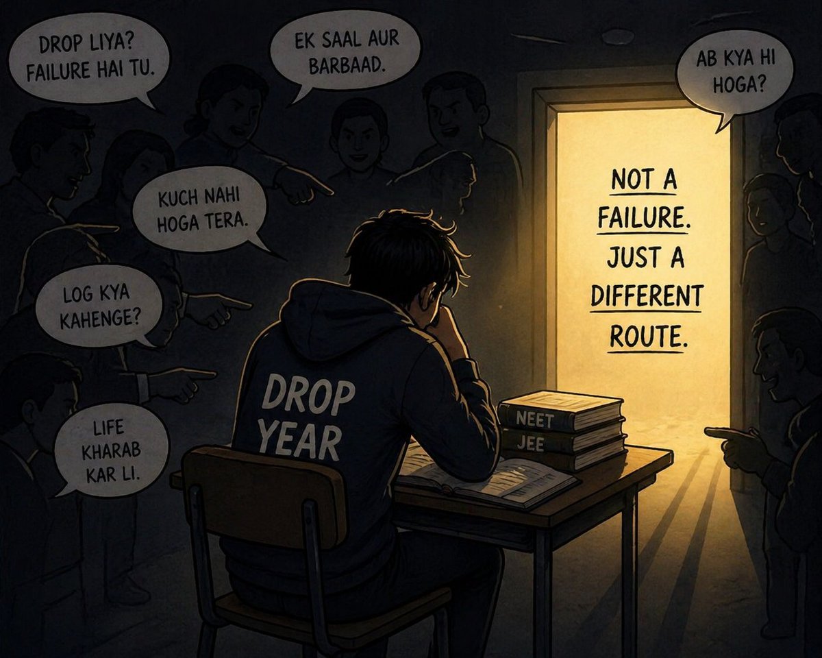 YouthForPeace_'s tweet image. India mein ‘drop year’ lena failure nahi hota…
Par society aise react karti hai jaise tumne life hi quit kar di ho.
#DropYear #StudentLife #NEET #JEE