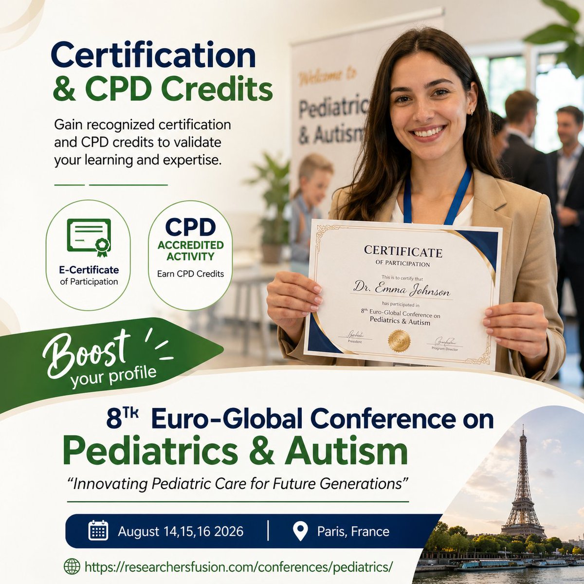 Adiposity277676's tweet image. Certification &amp;amp; CPD Credits
8th Euro-Global Conference on Pediatrics &amp;amp; Autism
📍 Paris
📅 Aug 14–16, 2026
✔️ Certificates
✔️ CPD credits
✔️ Global recognition
🔗 researchersfusion.com/conferences/pe…
#CPD #Certification #Pediatrics #AutismConference #MedicalConference #Paris2026 #CareerGrowth