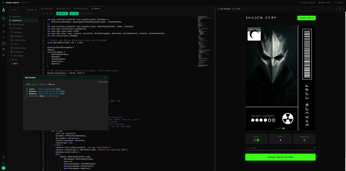 iliad_near's tweet photo. Iliad makes building on @NEARFoundation easy. From a single prompt to an NFT contract and mint site, deployed in ~10 minutes. Now free for the community to use. 

Iliad will include a full @IronClawAI marketplace soon as well, becoming the best place to build skills for your agent.

Stay tuned for more updates and feel free to experiment with beta:

- Beta: https://t.co/PSVyyWEHY2
- Support and feedback: https://t.co/9LVpmAmpVD

Built by @shadowcorp_dev