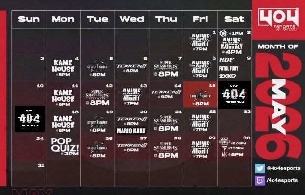 4o4esports's tweet photo. The Calander For May is UP!!
Join us for our Pre-locals!
@MomoCon @DreamHackNA https://t.co/eEP15KClzy